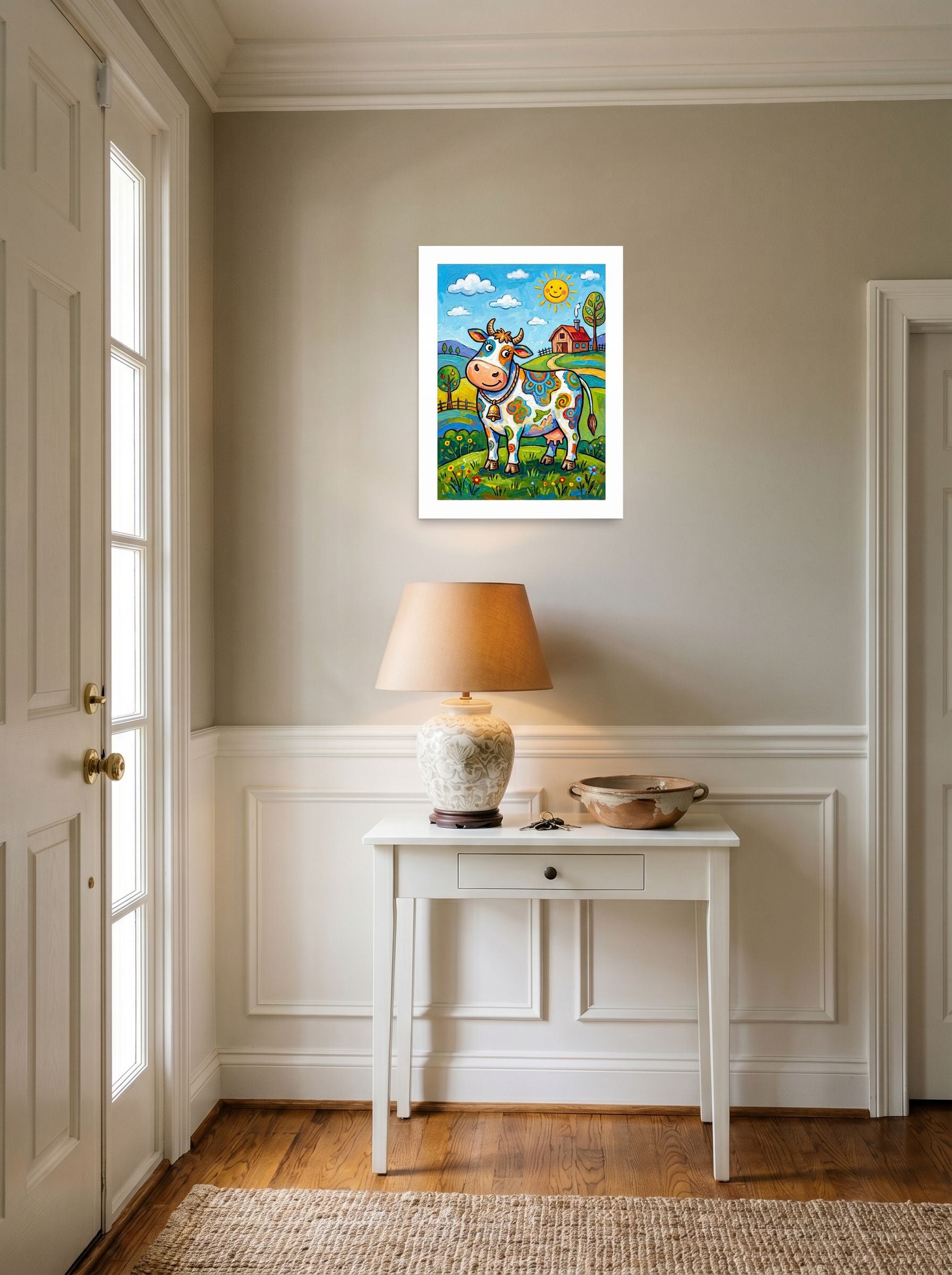 A 18x24 inch unframed paper Naive art print of 'The Rainbow Cow' hanging in an entryway near a console.
