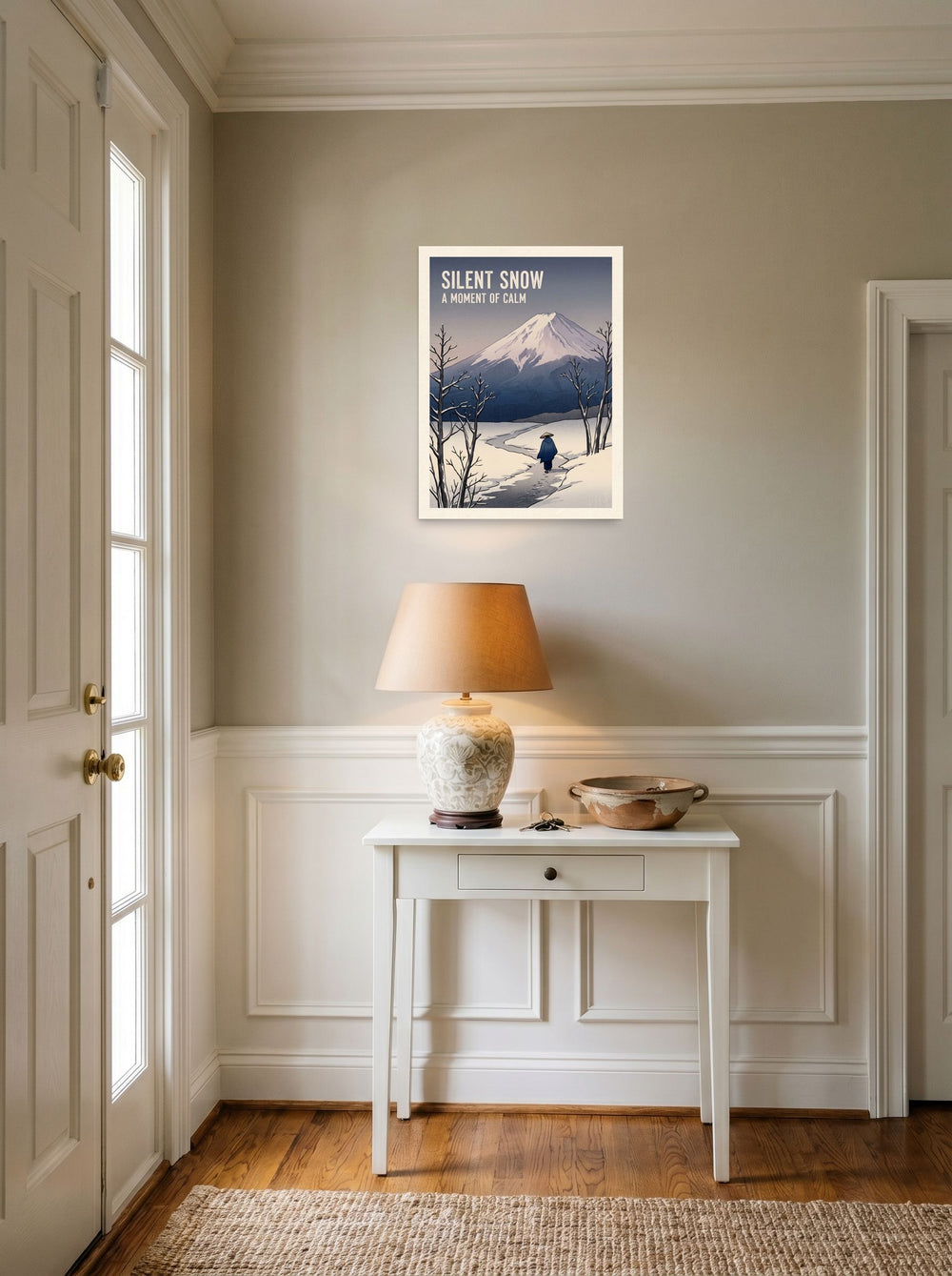 unframed paper wall art 'Silent Snow' hanging in an entryway near a console, at 18x24 inch.