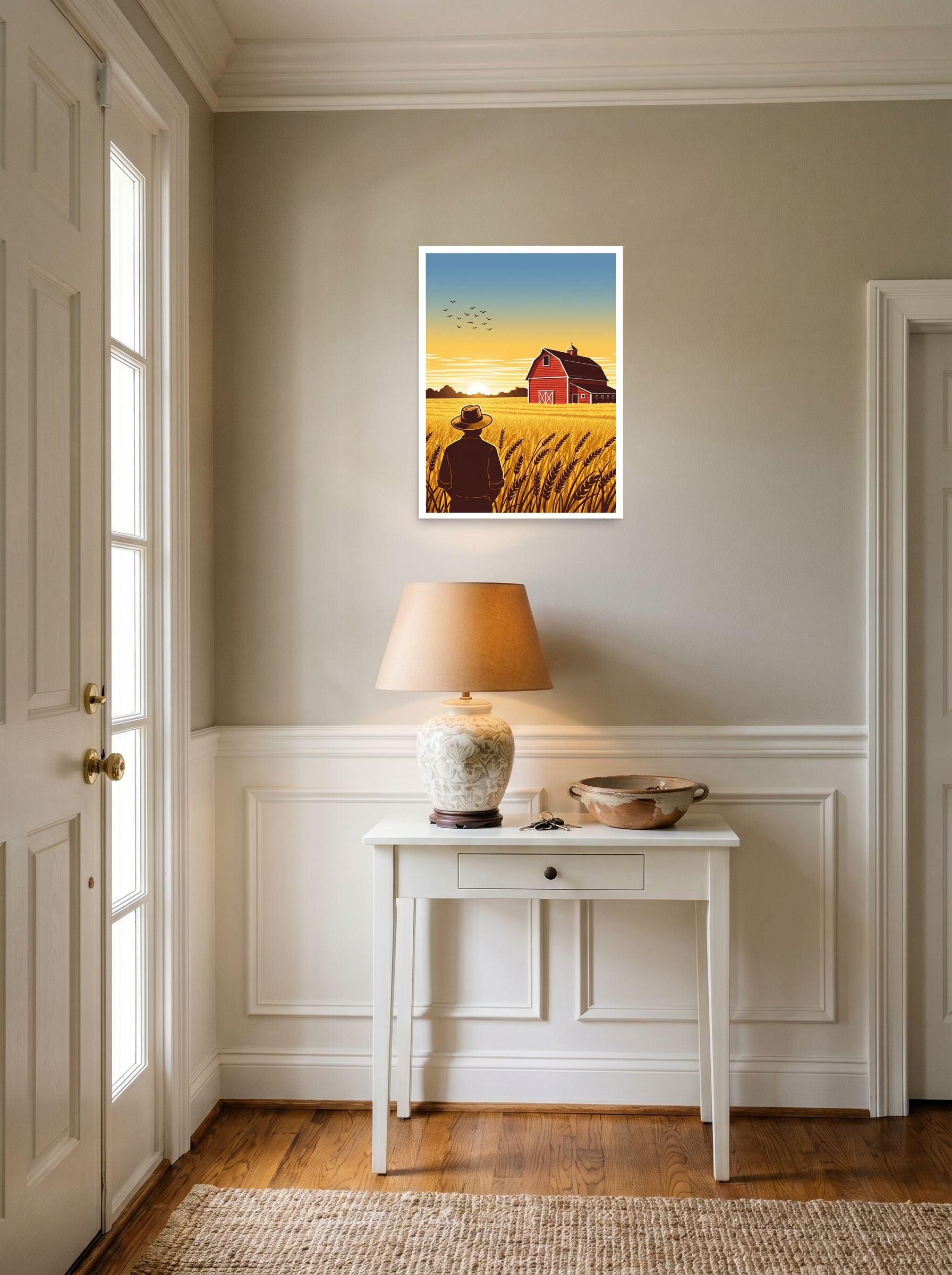 A 18x24 inch unframed paper American Scene Painting,Digital art print of 'Harvest Horizons' hanging in an entryway near a console.
