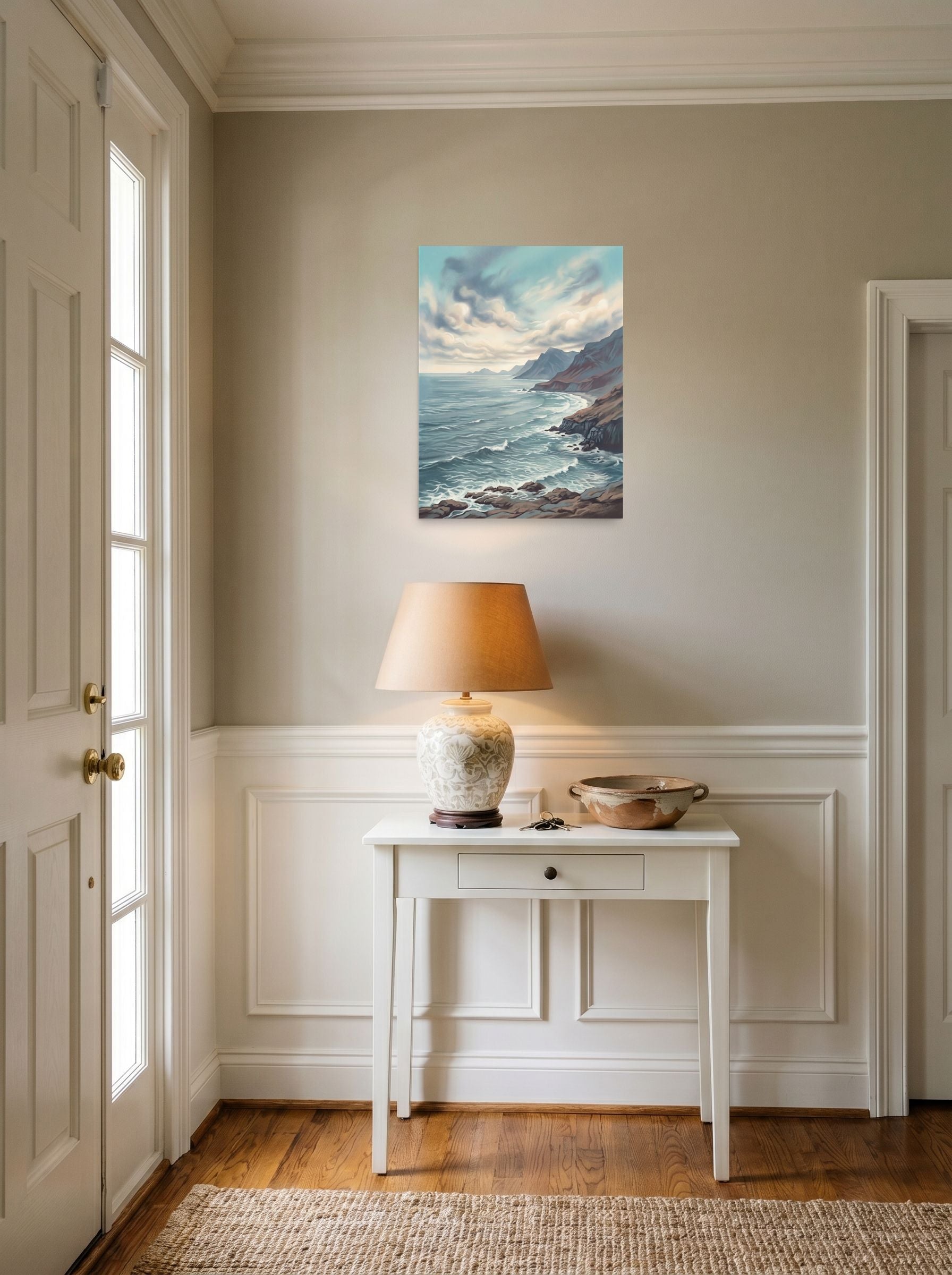 A 18x24 inch unframed paper Romanticism print of 'Coastal Echoes' hanging in an entryway near a console.