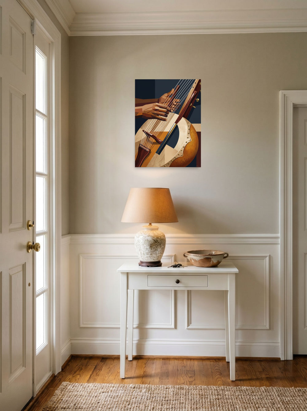 See 'Faceted Kora Melodies' as a unframed paper print (18x24 inch), styled above a console table in an entryway.