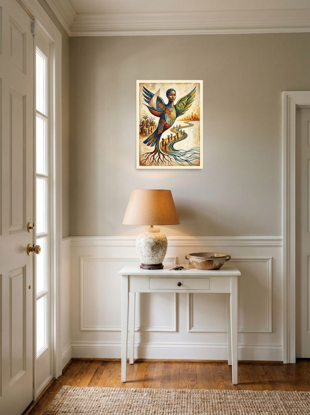 See 'Wings of Heritage' as a unframed paper print (18x24 inch), set against a bright entryway wall.