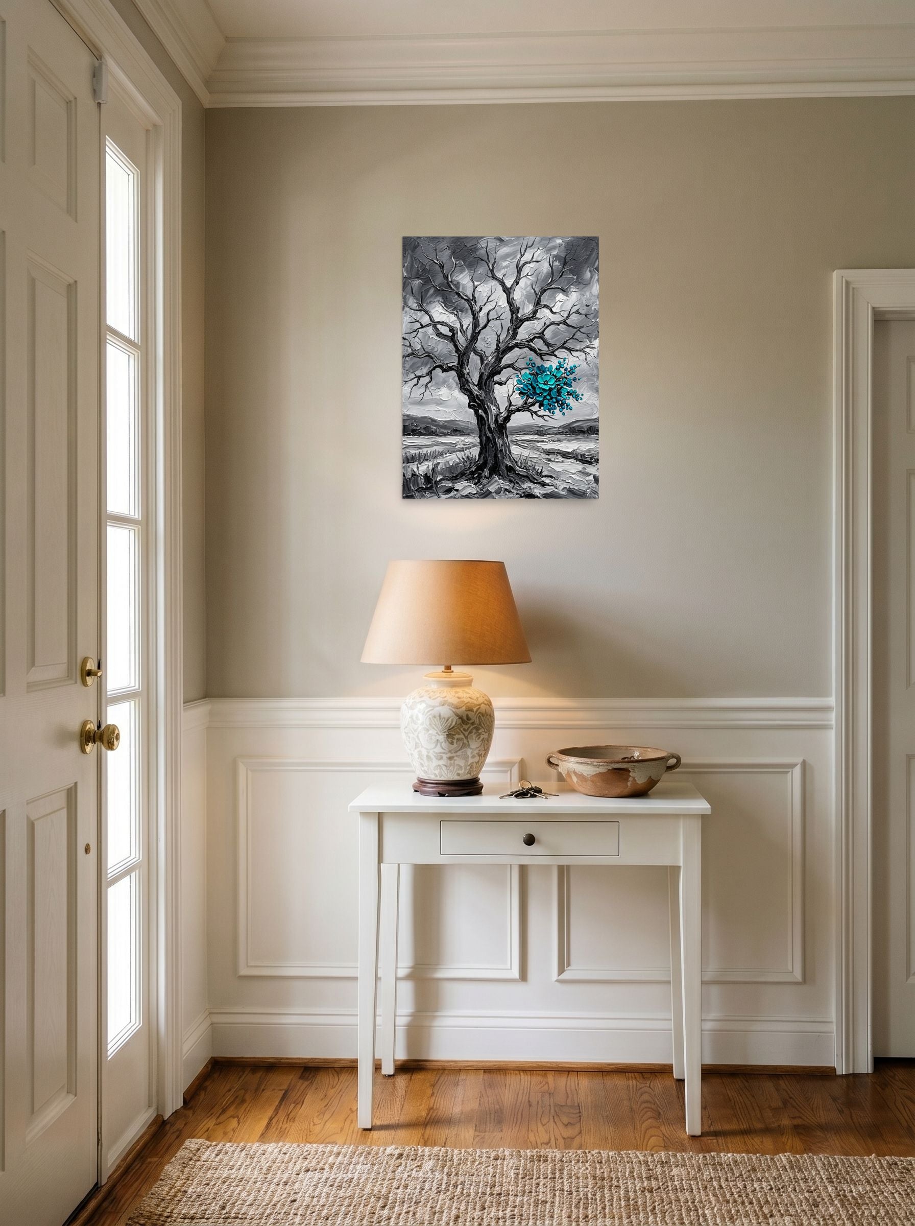 A 18x24 inch unframed paper Surrealism print of 'Winter's Bloom' hanging in an entryway near a console.