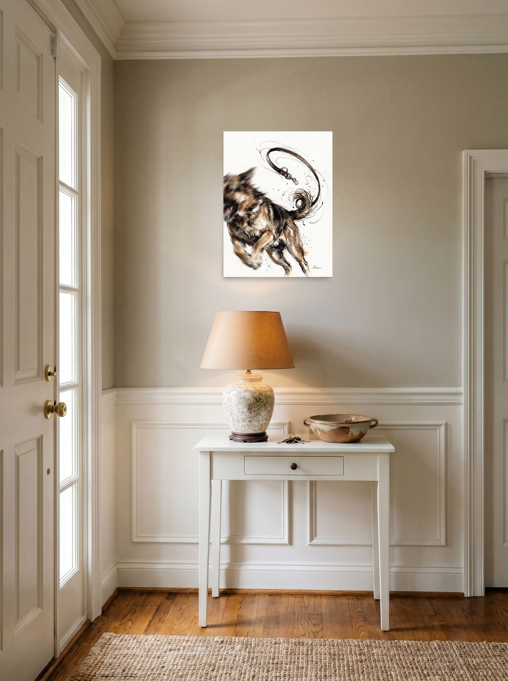 'Unleashed Joy', a Expressionism print set against a bright entryway wall. Shown as unframed paper, 18x24 inch.