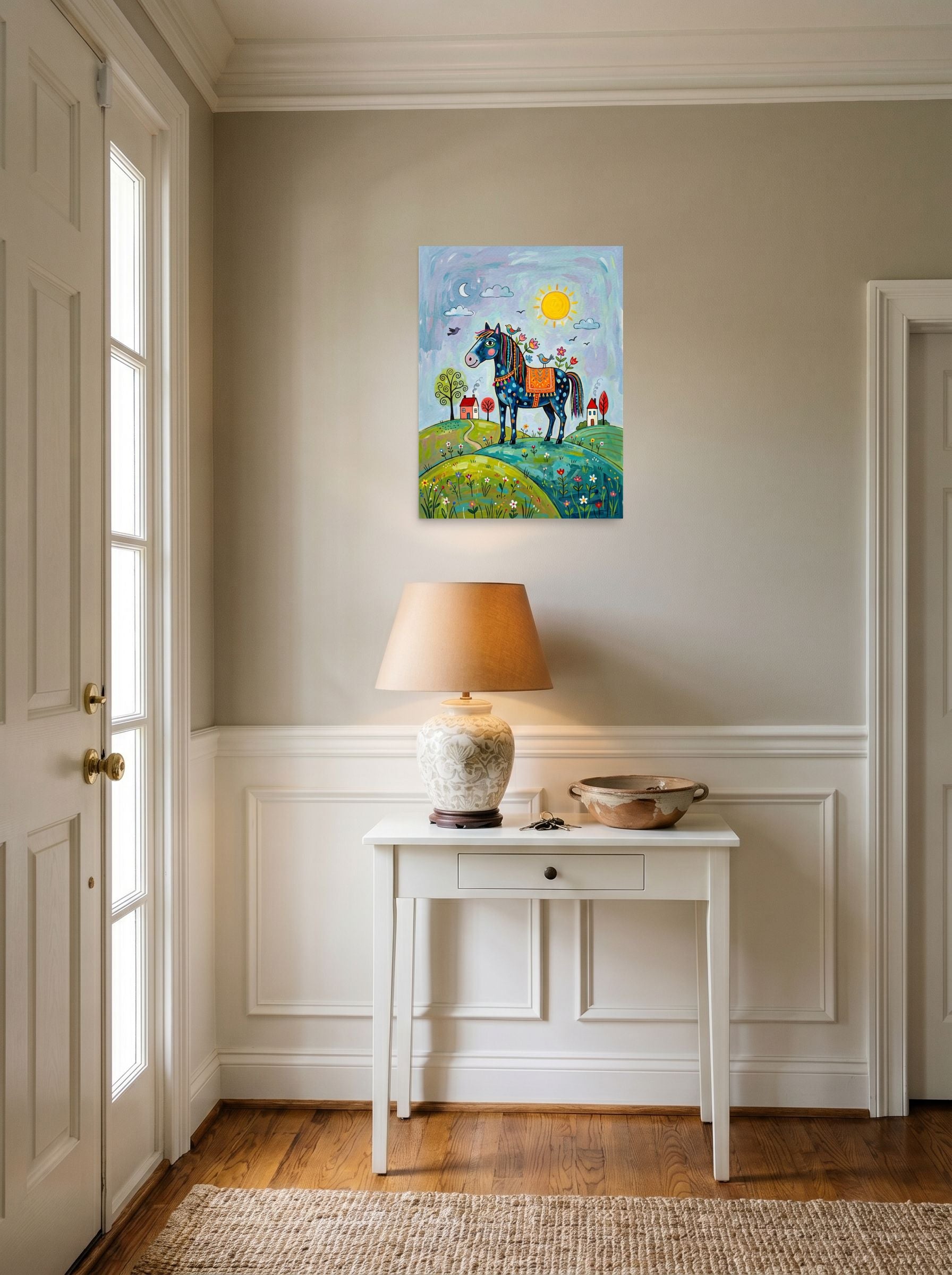 A 18x24 inch unframed paper Naive art print of 'The Starlit Steed' hanging in an entryway near a console.
