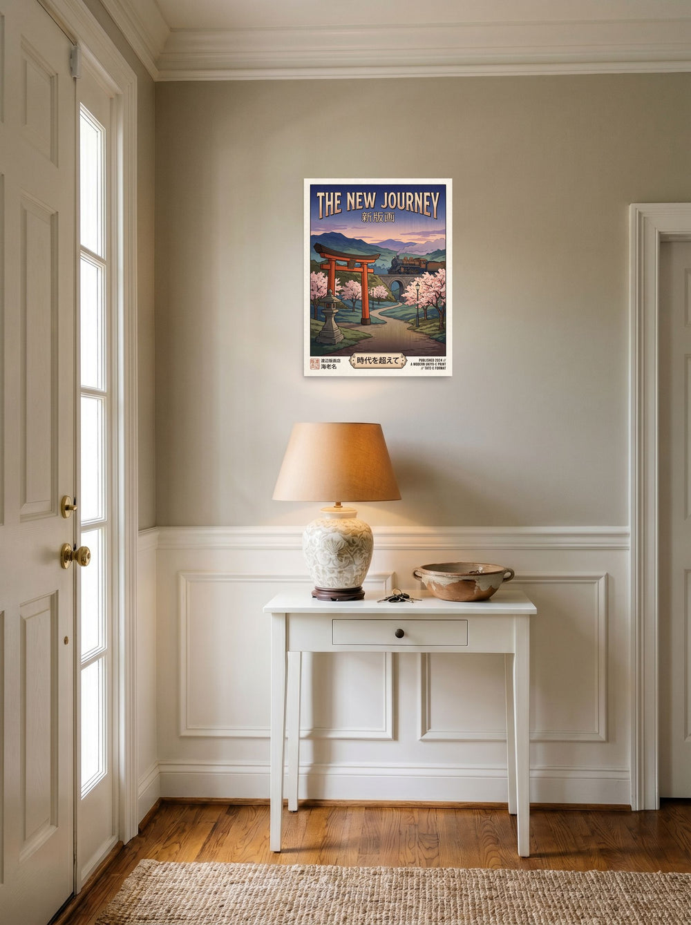 A 18x24 inch unframed paper Shin hanga print of 'The New Journey' hanging in an entryway near a console.