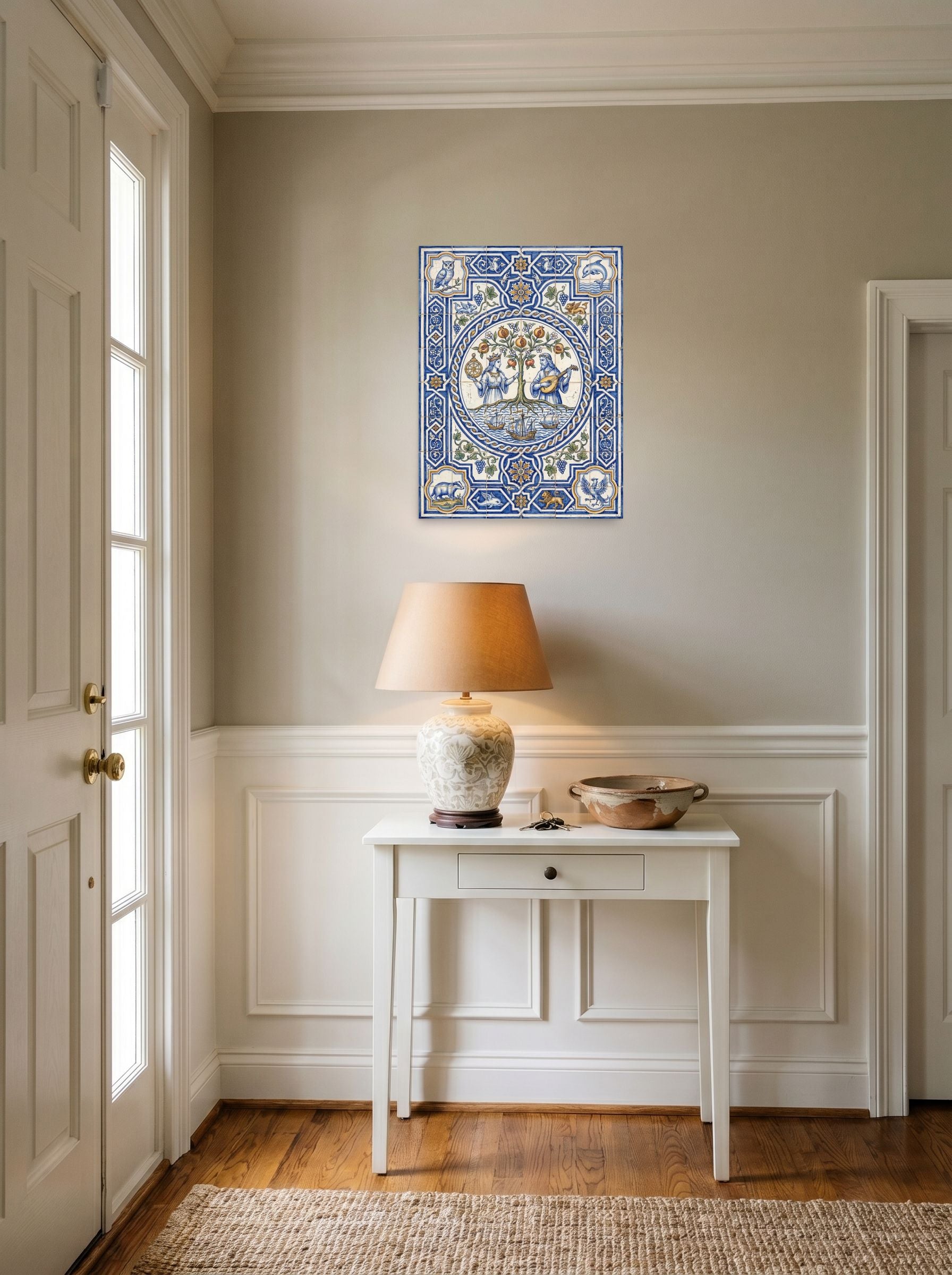 A 18x24 inch unframed paper Renaissance print of 'The Mariner's Harmony' hanging in an entryway near a console.