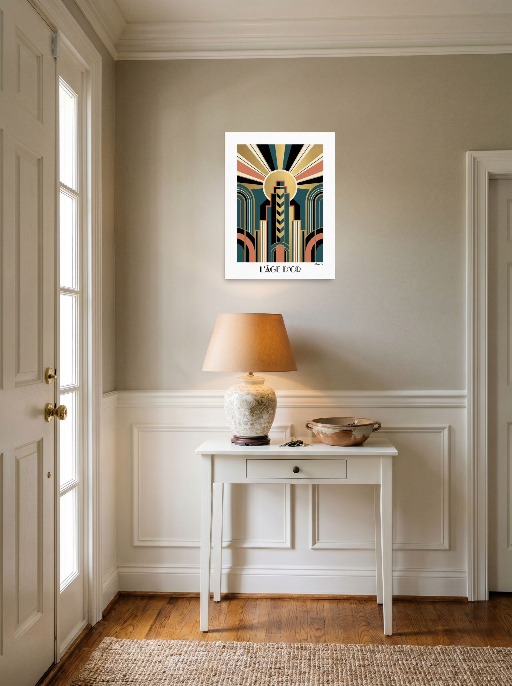 A 18x24 inch unframed paper Art Deco print of 'Metropolis 1930' hanging in an entryway near a console.