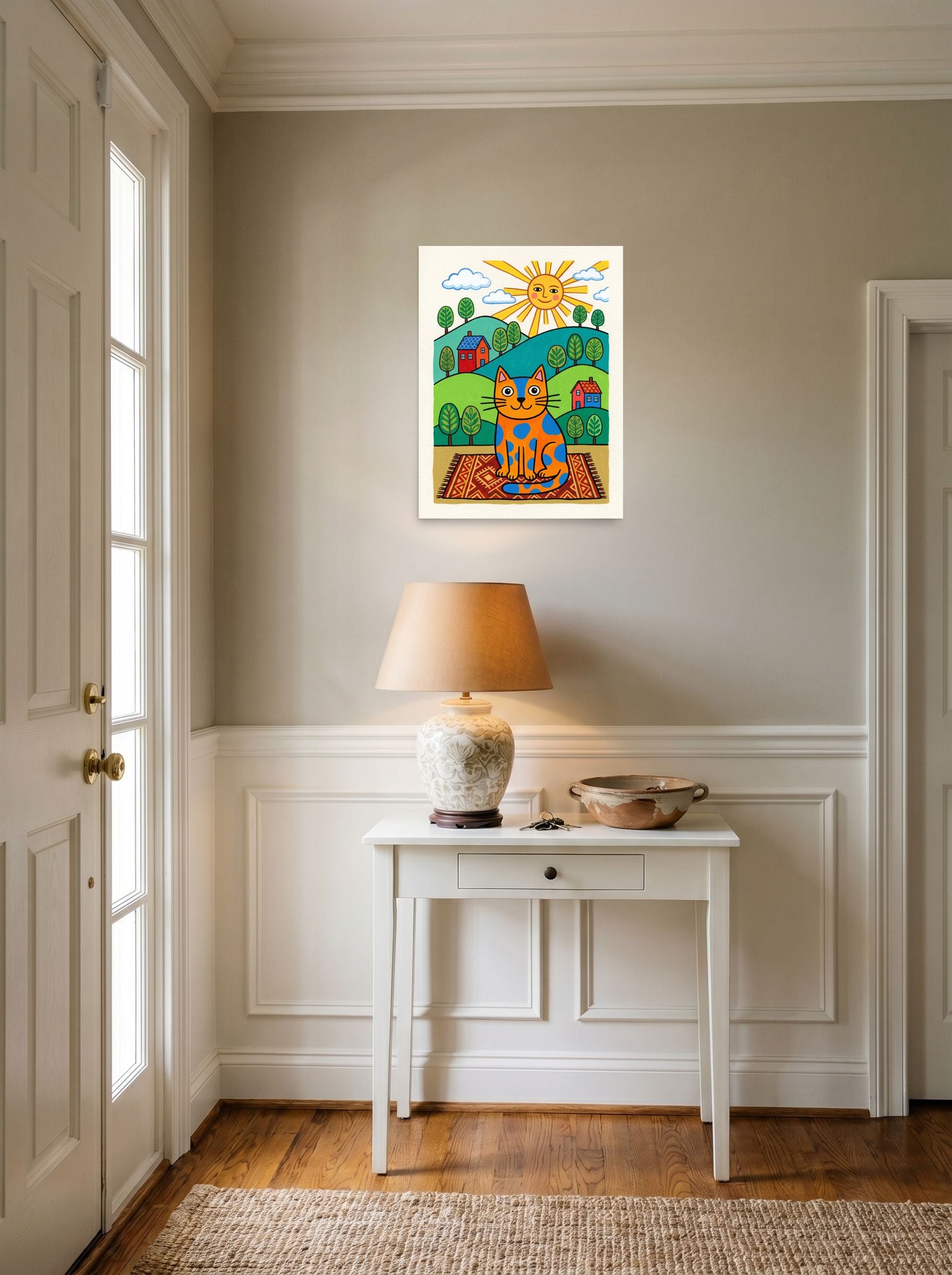A 18x24 inch unframed paper Naive art print of 'The Sunlit Spotted Cat' hanging in an entryway near a console.