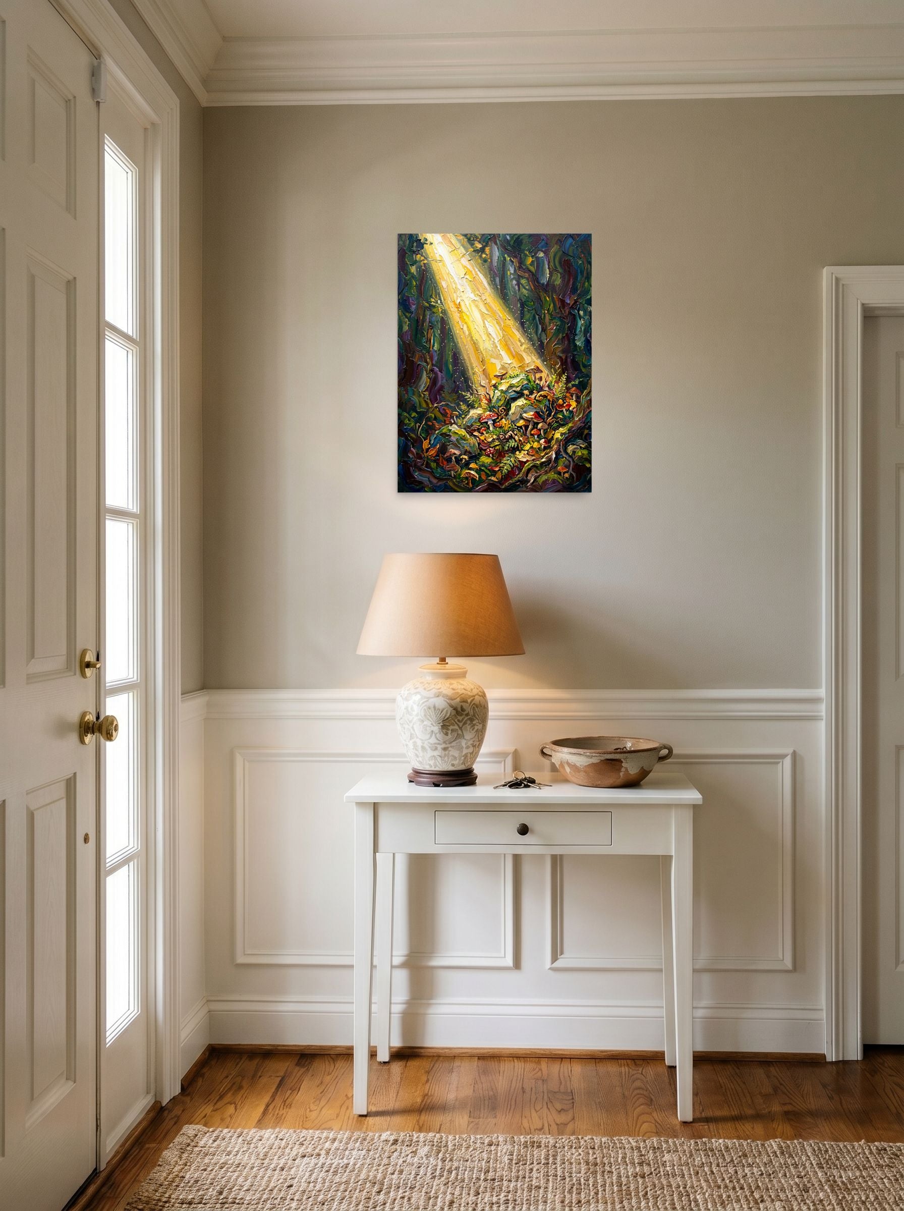 A 18x24 inch unframed paper Impressionism print of 'Forest Illumination' hanging in an entryway near a console.
