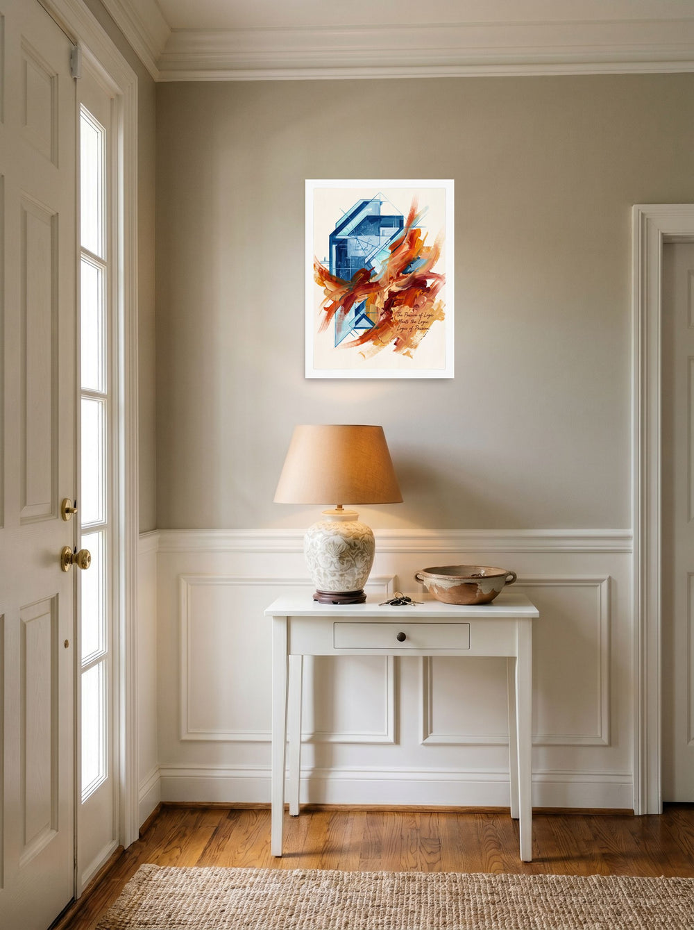 'The Passion of Logic' in 18x24 inch unframed paper, styled above a console table in an entryway.