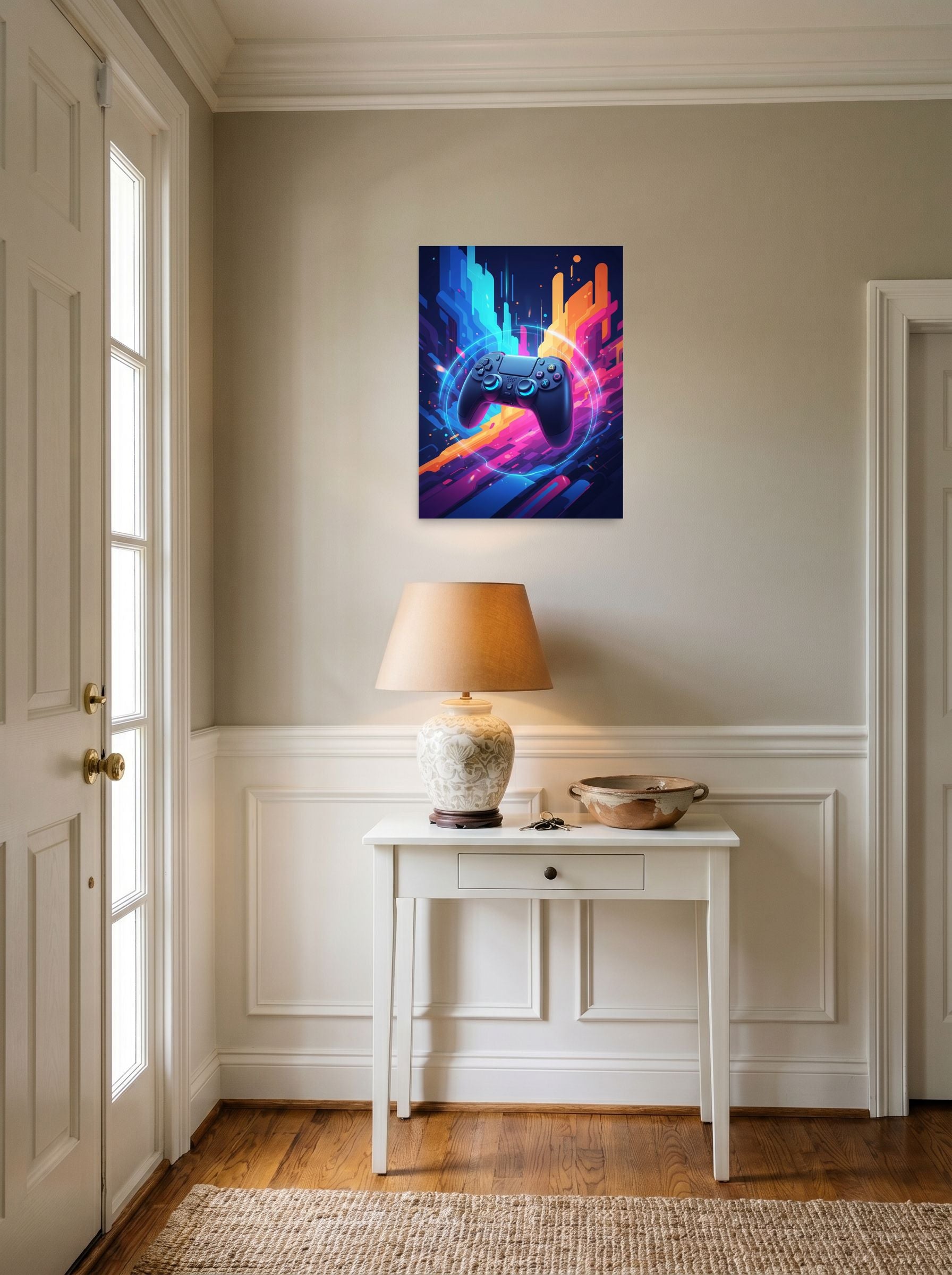 A 18x24 inch unframed paper Pop art print of 'Synthwave Gamer' hanging in an entryway near a console.