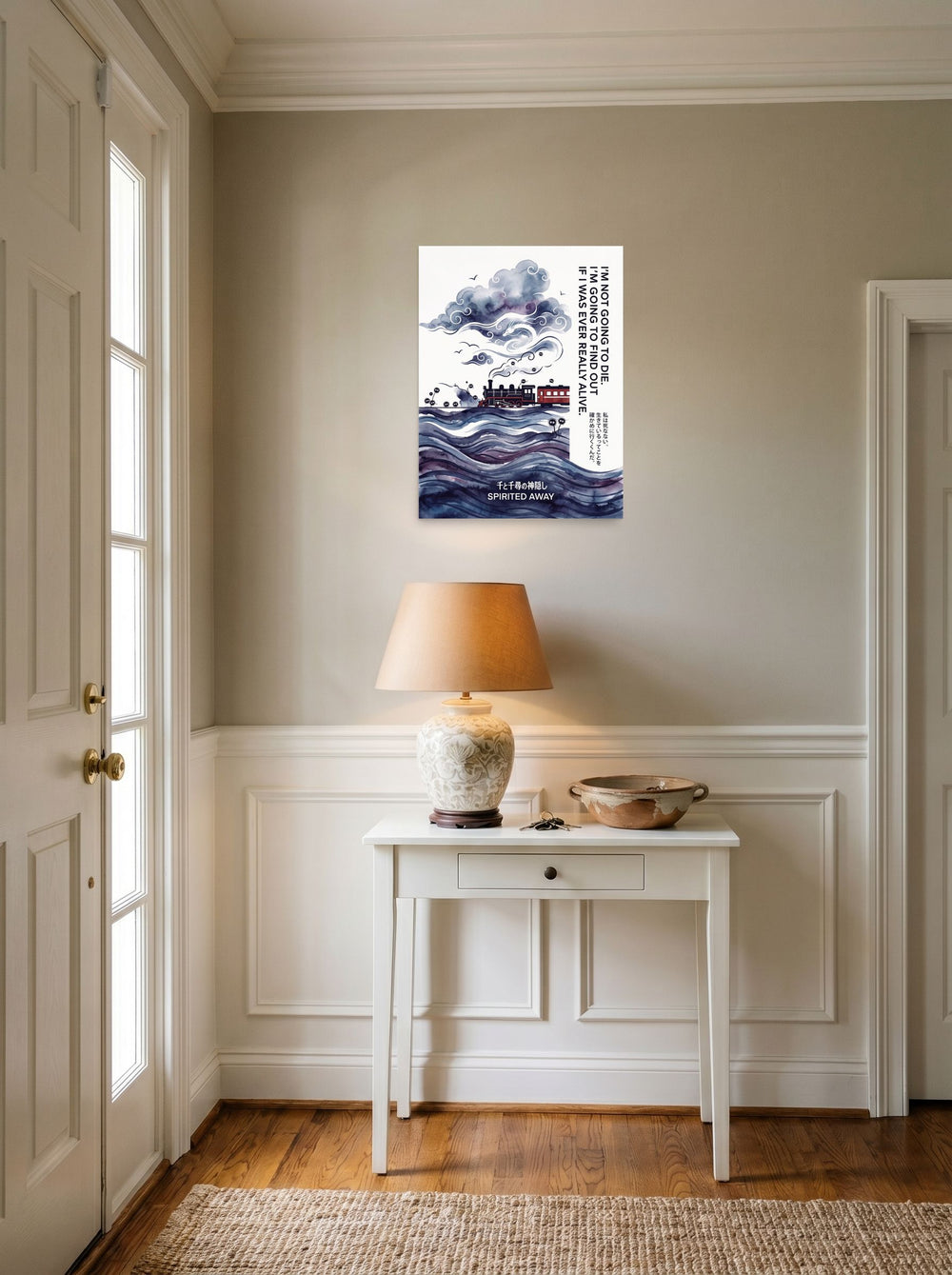 A 18x24 inch unframed paper Shin hanga,Japanese art print of 'Journey Through the Clouds' hanging in an entryway near a console.