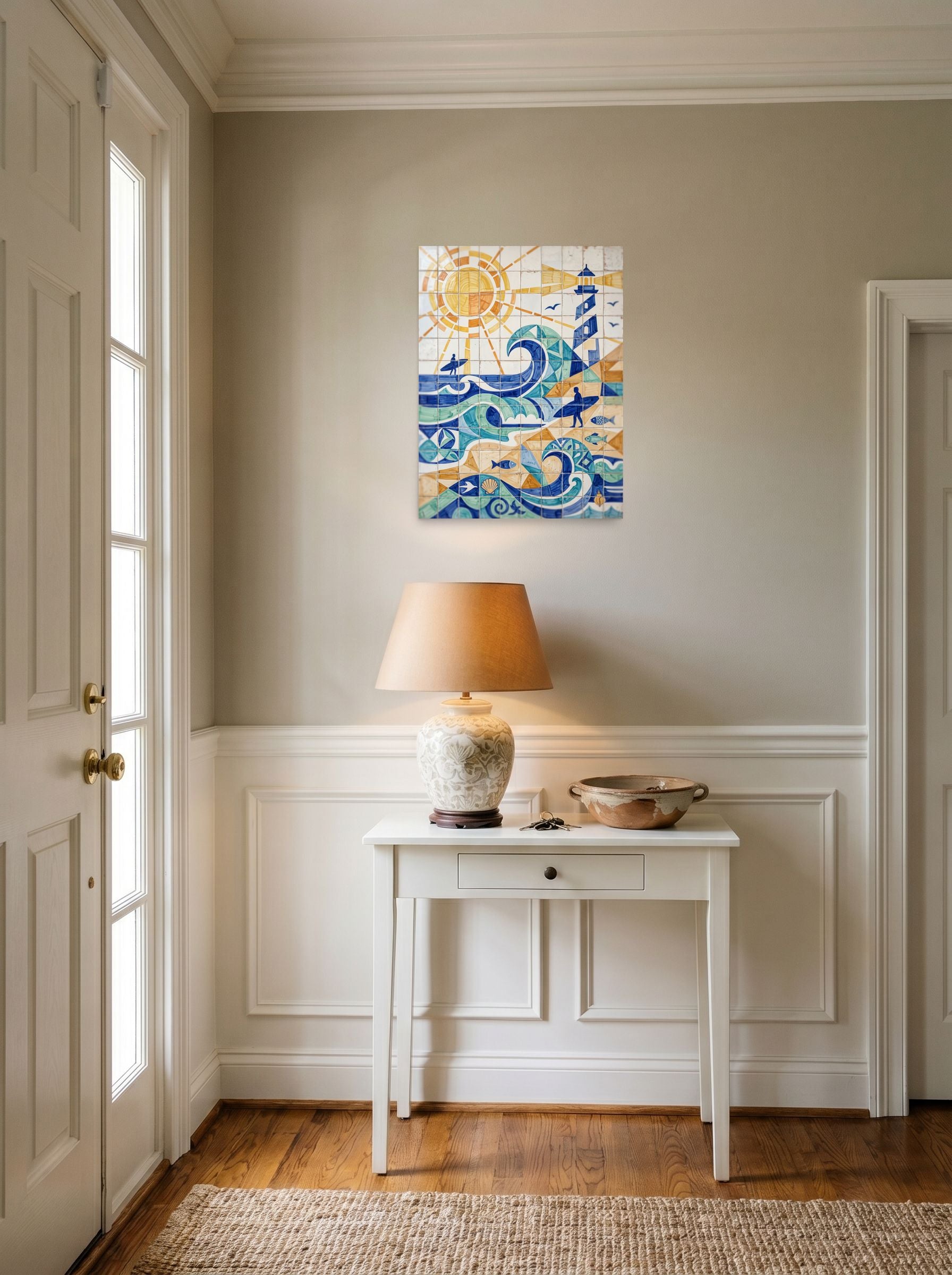 A 18x24 inch unframed paper Cubism print of 'Coastline Cubism' hanging in an entryway near a console.