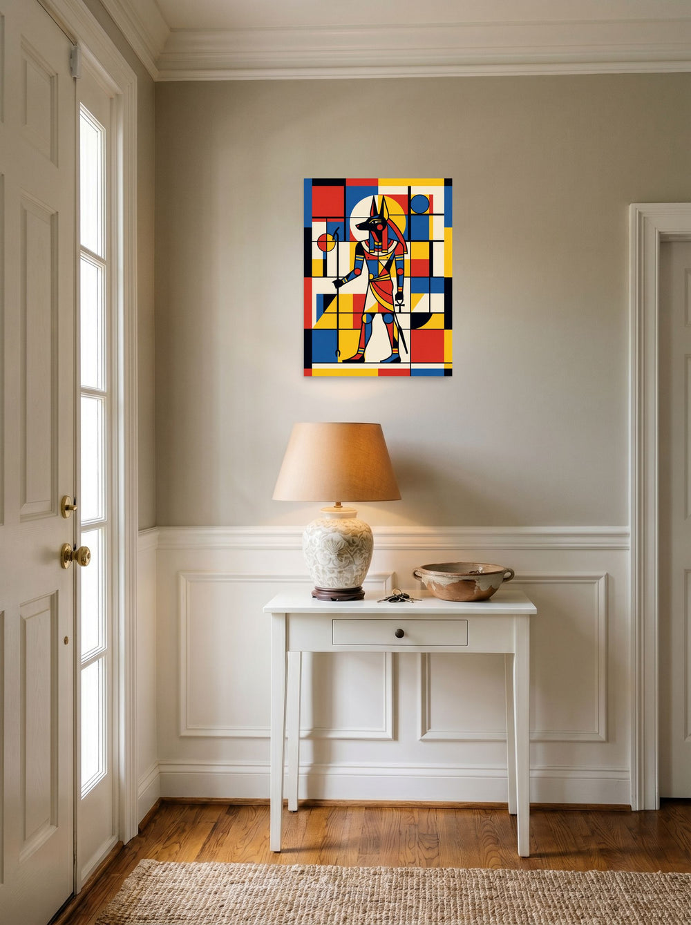 A unframed paper print of the De Stijl (also known as Neoplasticism) artwork 'Mondrian's Anubis', styled above a console table in an entryway.