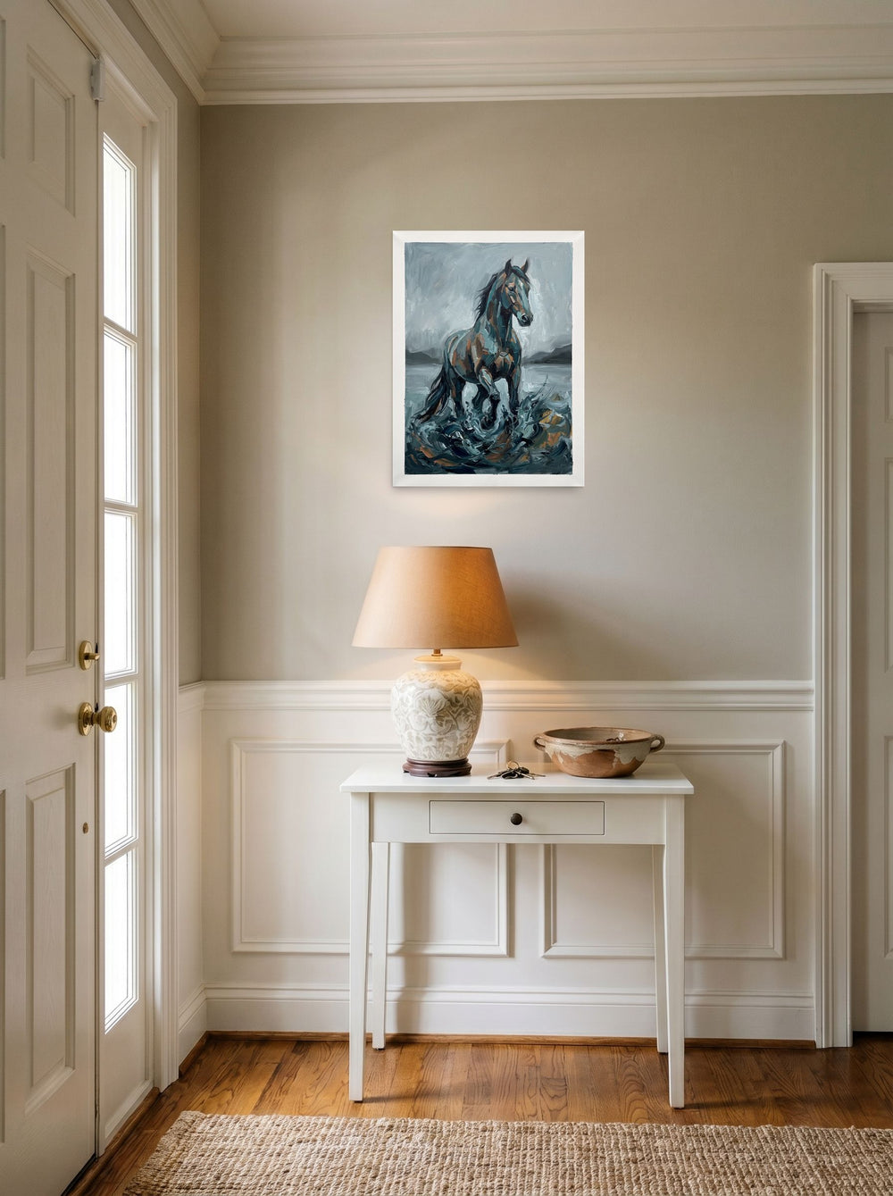 Impressionism wall art 'The Water Horse', unframed paper at 18x24 inch, styled above a console table in an entryway.
