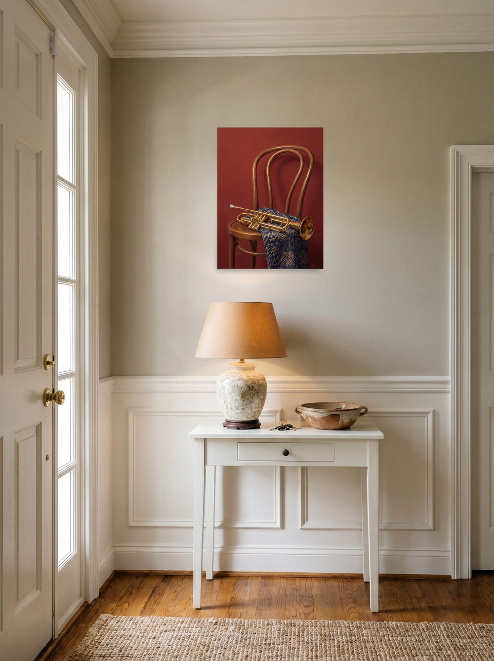 A 18x24 inch unframed paper Realism,Modernism print of 'Brass and Indigo' hanging in an entryway near a console.