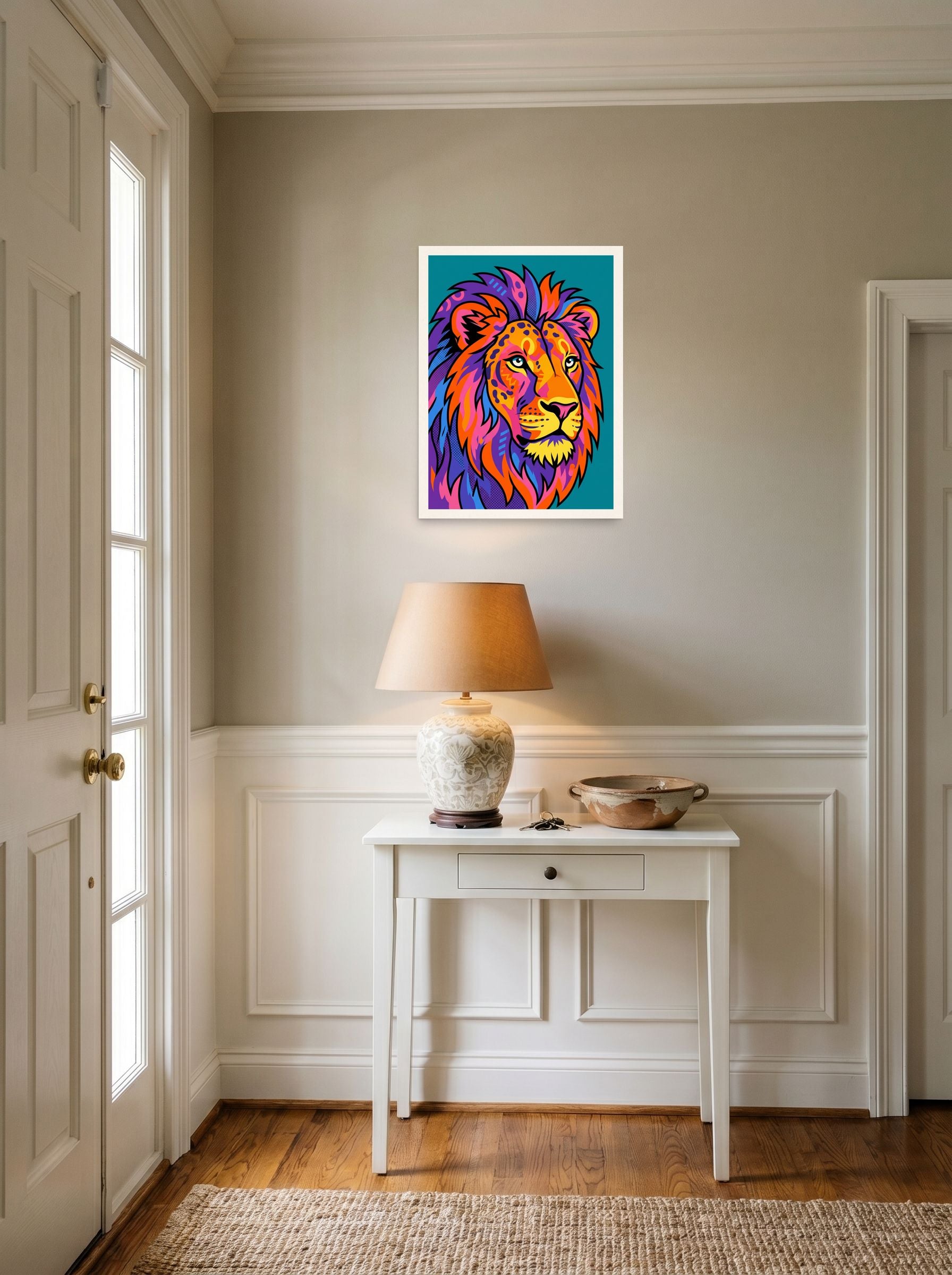 A 18x24 inch unframed paper Pop art print of 'Neon King' hanging in an entryway near a console.