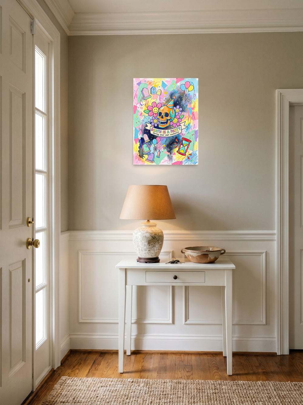 Transgressive art wall art 'Death is a Party', unframed paper at 18x24 inch, set against a bright entryway wall.