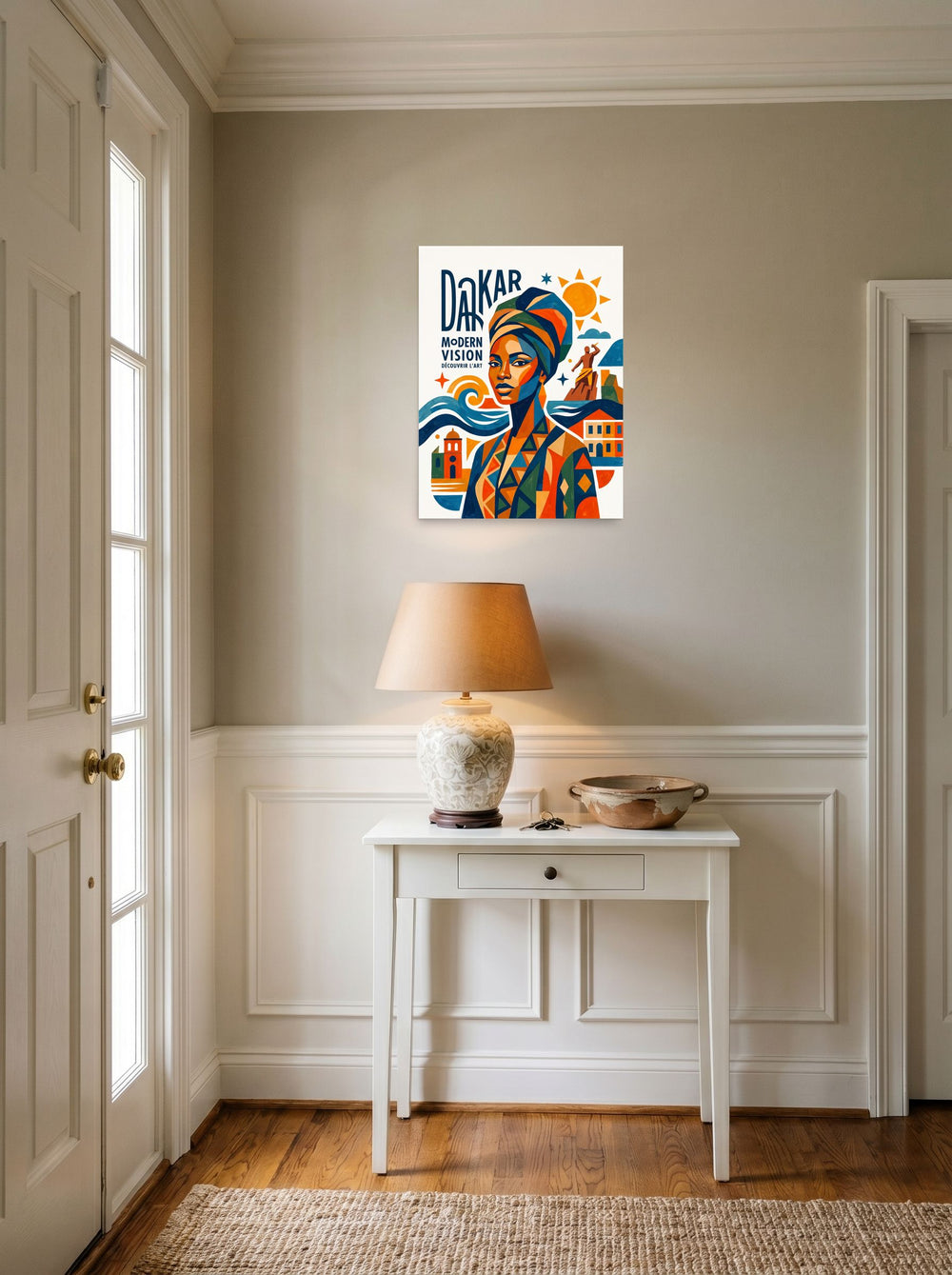 A 18x24 inch unframed paper Dakar School,Cubism print of 'Dakar Modern Vision' hanging in an entryway near a console.