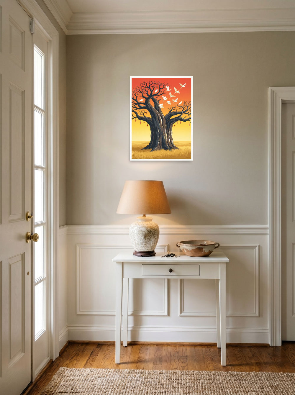 The Symbolism print 'The Sacred Roost', 18x24 inch unframed paper, hanging in an entryway near a console.