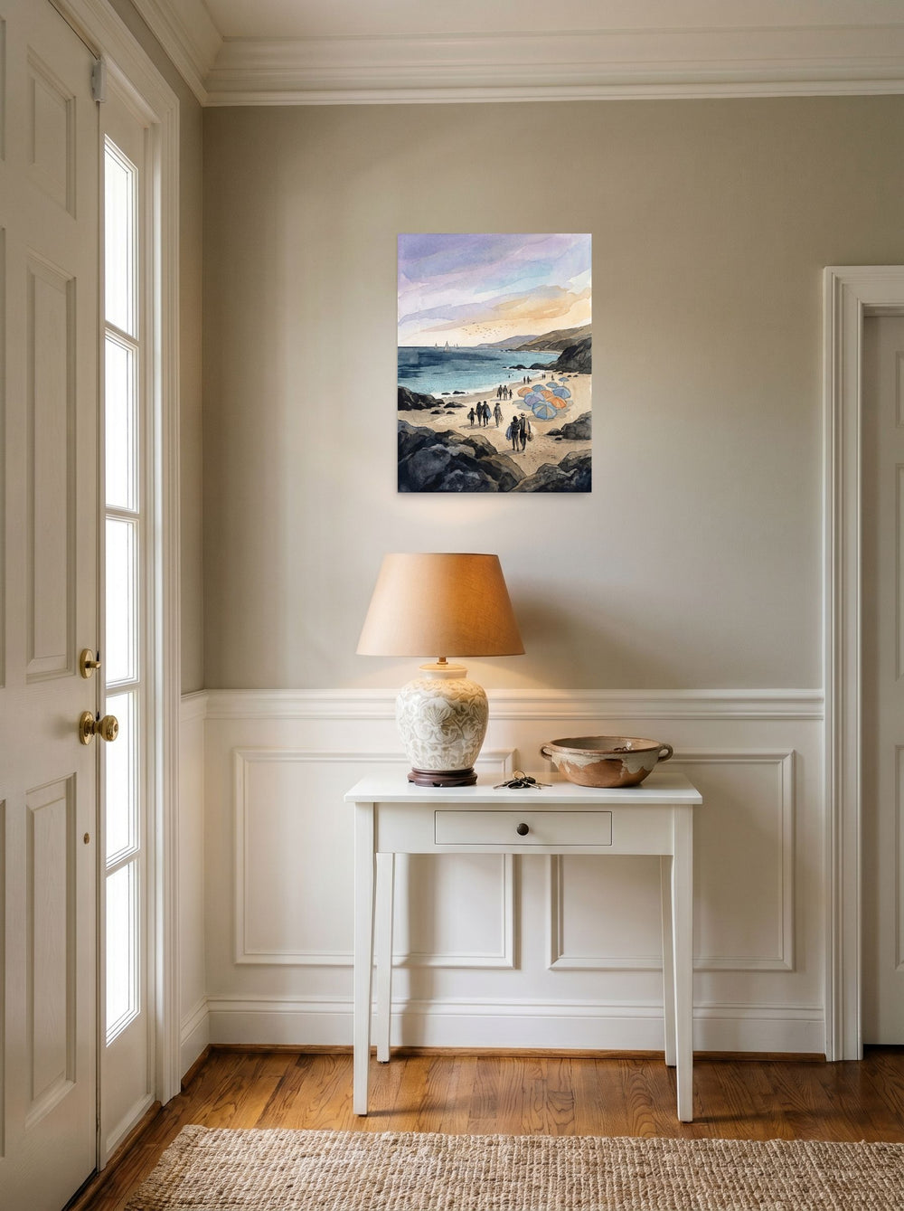 A 18x24 inch unframed paper Impressionism print of 'Coastal Gathering' hanging in an entryway near a console.