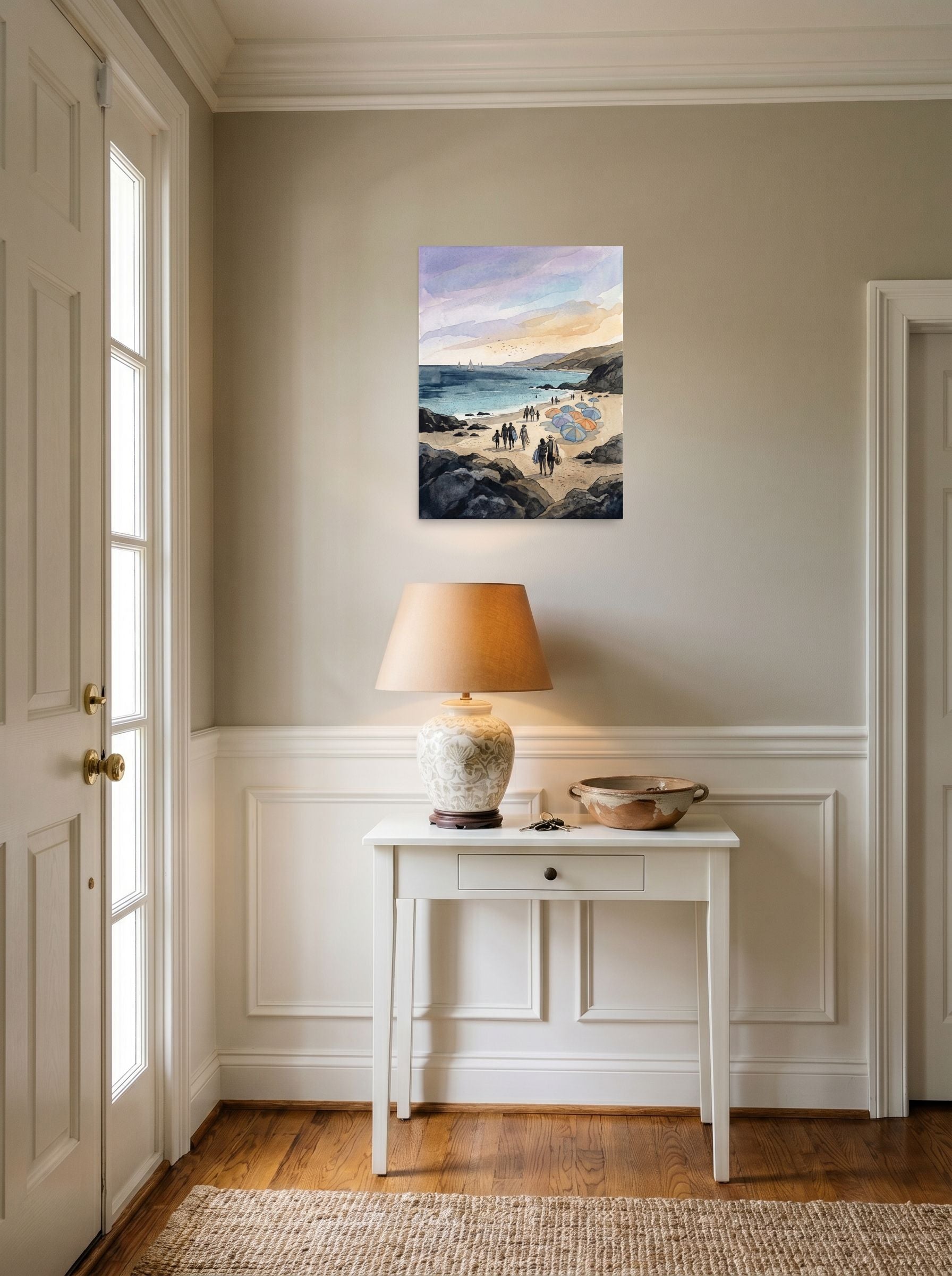 A 18x24 inch unframed paper Impressionism print of 'Coastal Gathering' hanging in an entryway near a console.