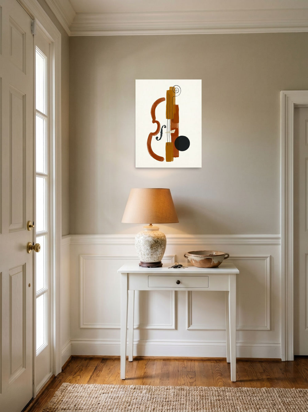 A 18x24 inch unframed paper Minimalism print of 'Symphony in Fragments' hanging in an entryway near a console.