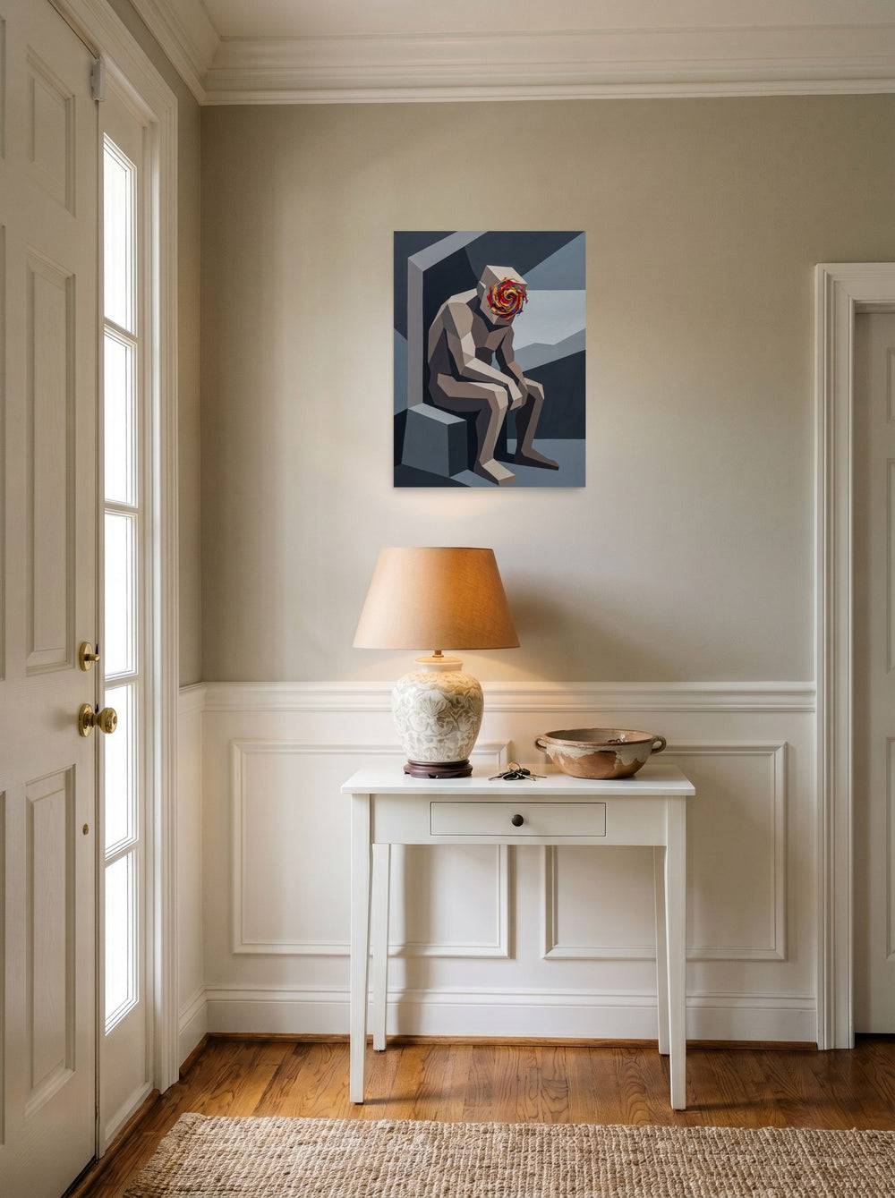 The Cubism print 'Vortex of Thought', 18x24 inch unframed paper, hanging in an entryway near a console.