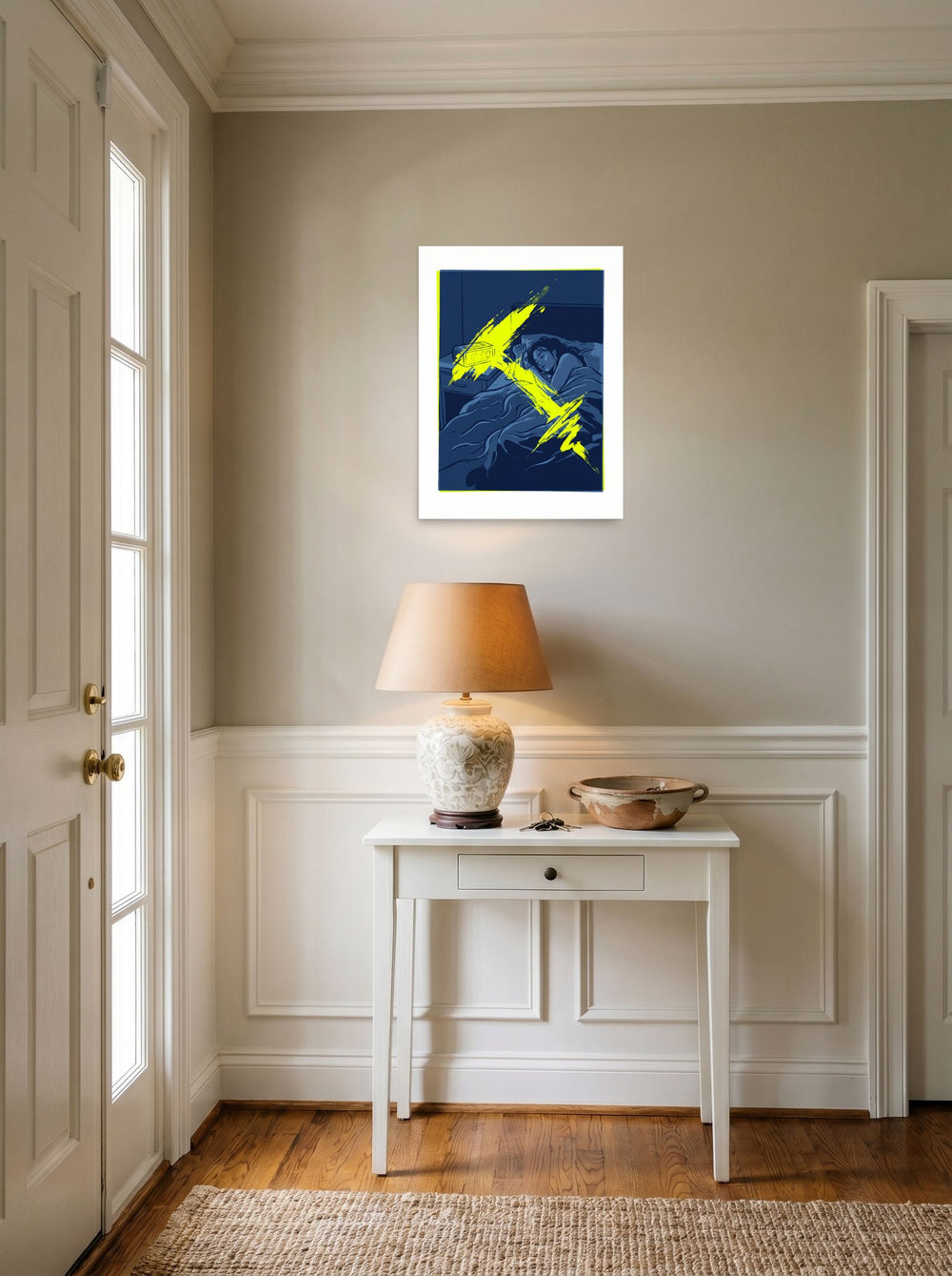 18x24 inch unframed paper print of 'Jarring Wakefulness', styled above a console table in an entryway.