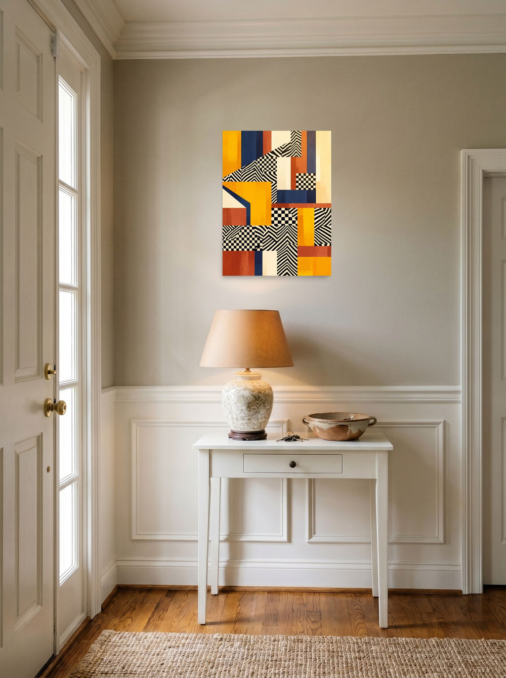 A 18x24 inch unframed paper Geometric abstract art,Op Art print of 'Checkerboard Resonance' hanging in an entryway near a console.