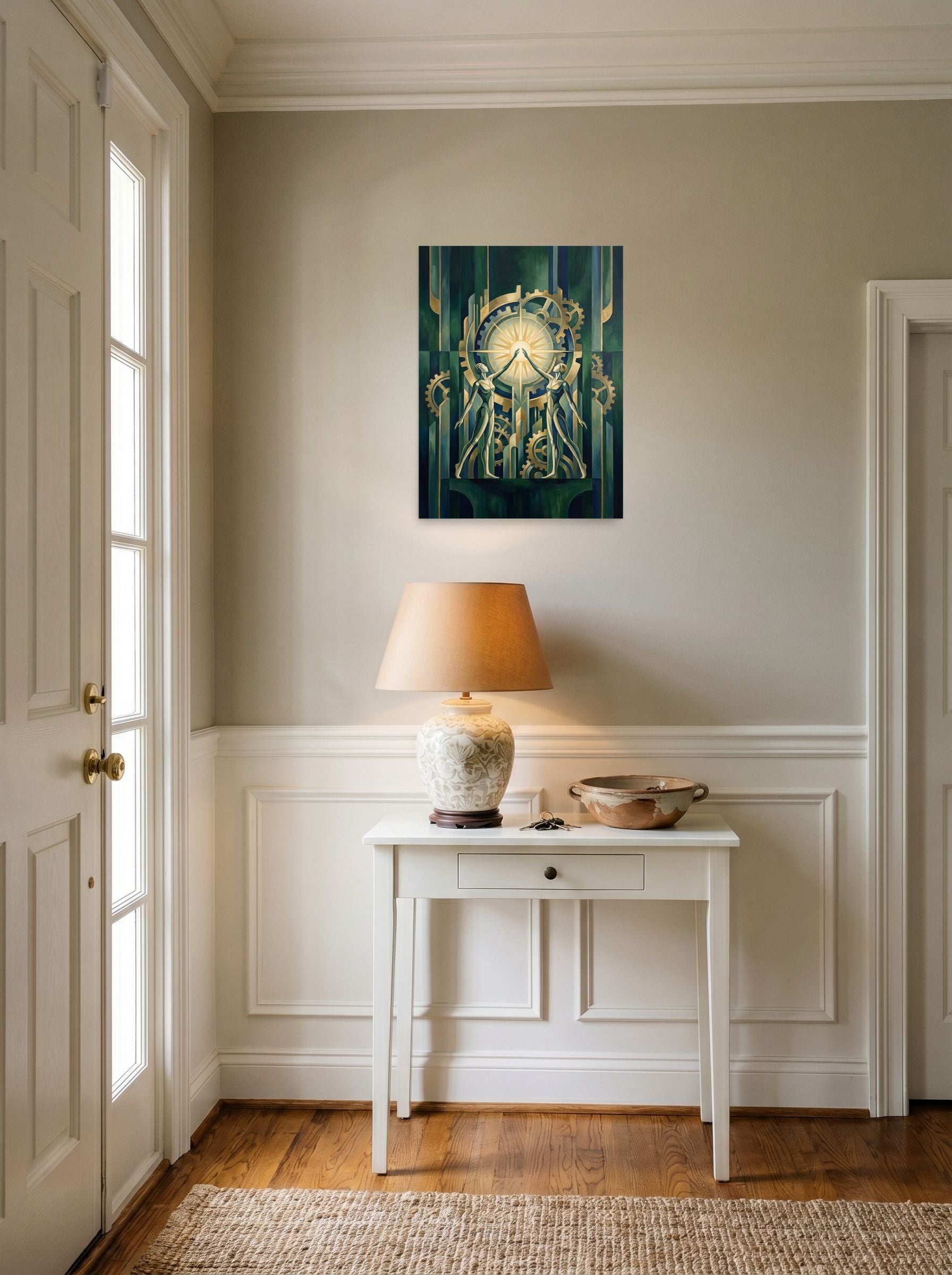 A 18x24 inch unframed paper Art Deco print of 'The Mechanical Dawn' hanging in an entryway near a console.