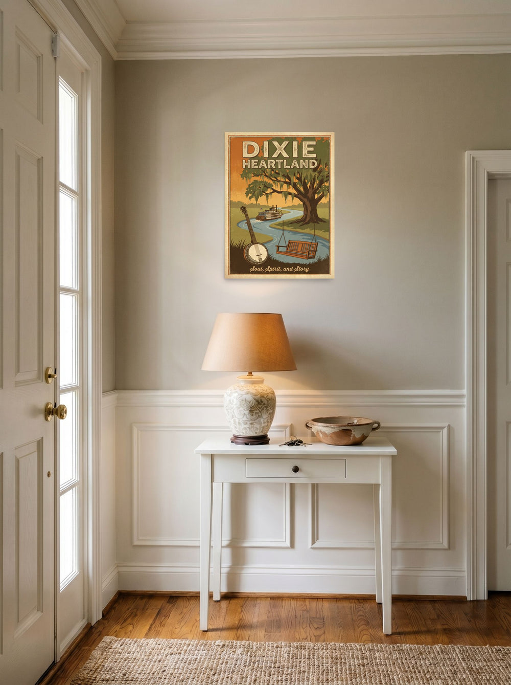 A 18x24 inch unframed paper Regionalism print of 'Southern Soul' hanging in an entryway near a console.