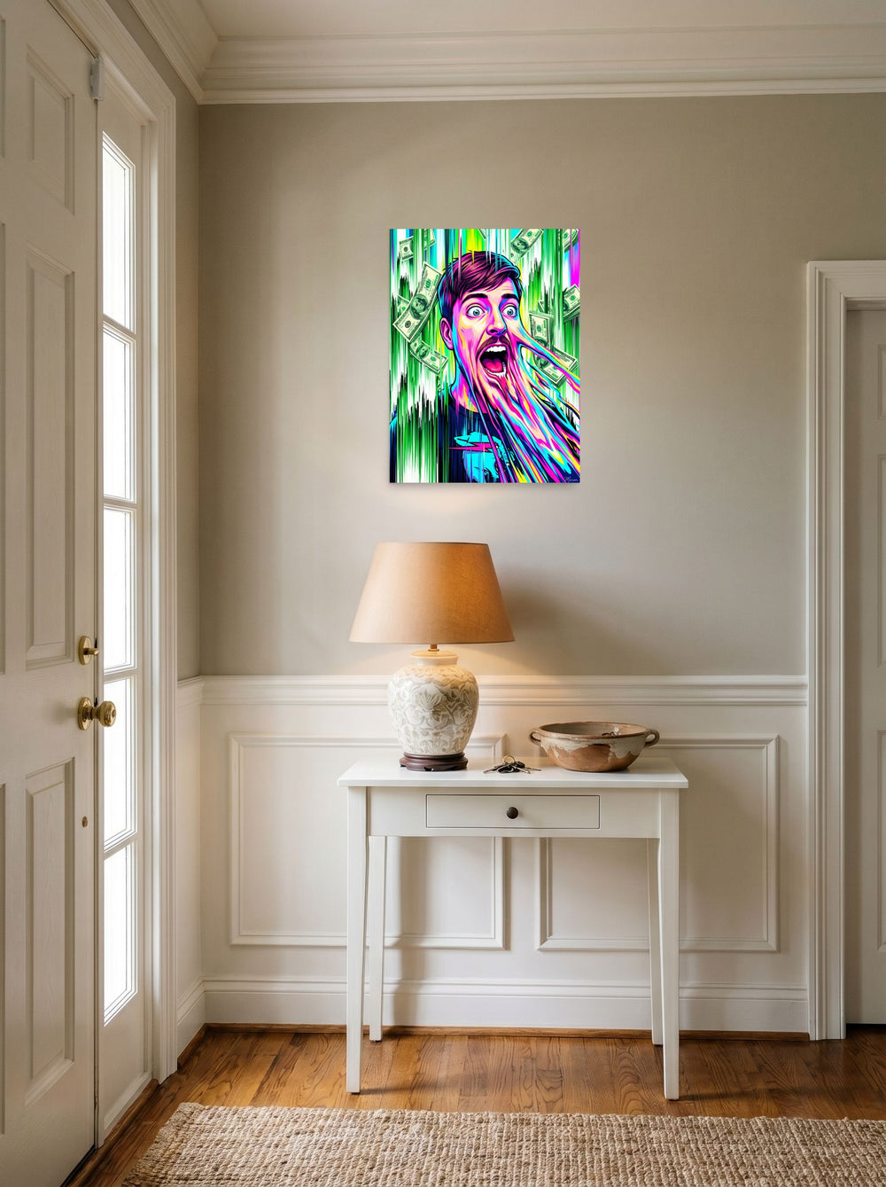 See 'Viral Melt: MrBeast' as a unframed paper print (18x24 inch), styled above a console table in an entryway.