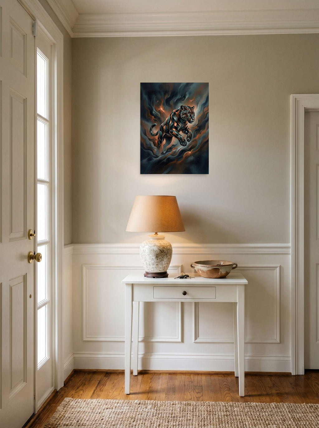 A 18x24 inch unframed paper Digital art print of 'Phantom Leap' hanging in an entryway near a console.