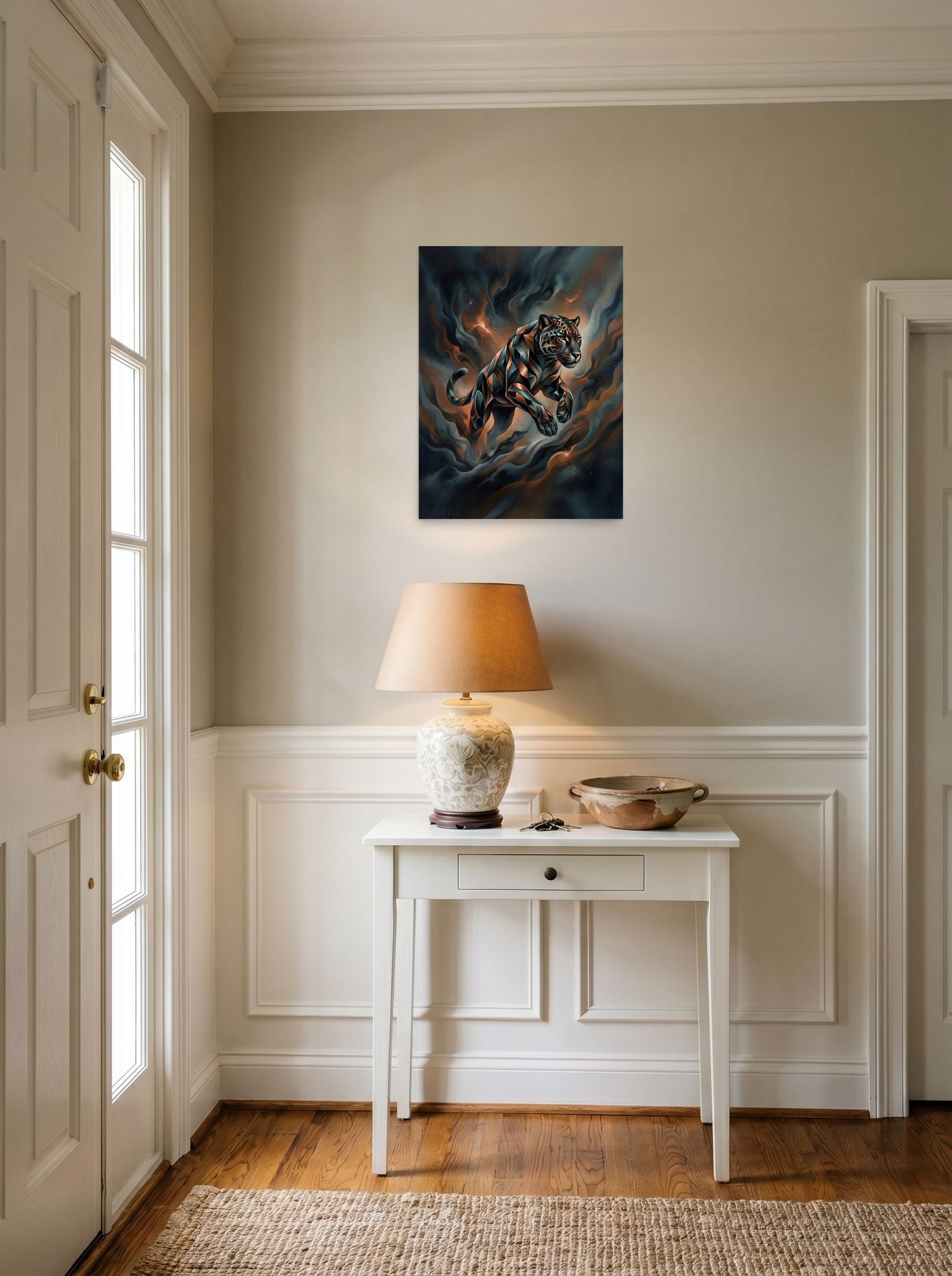 A 18x24 inch unframed paper Digital art print of 'Phantom Leap' hanging in an entryway near a console.