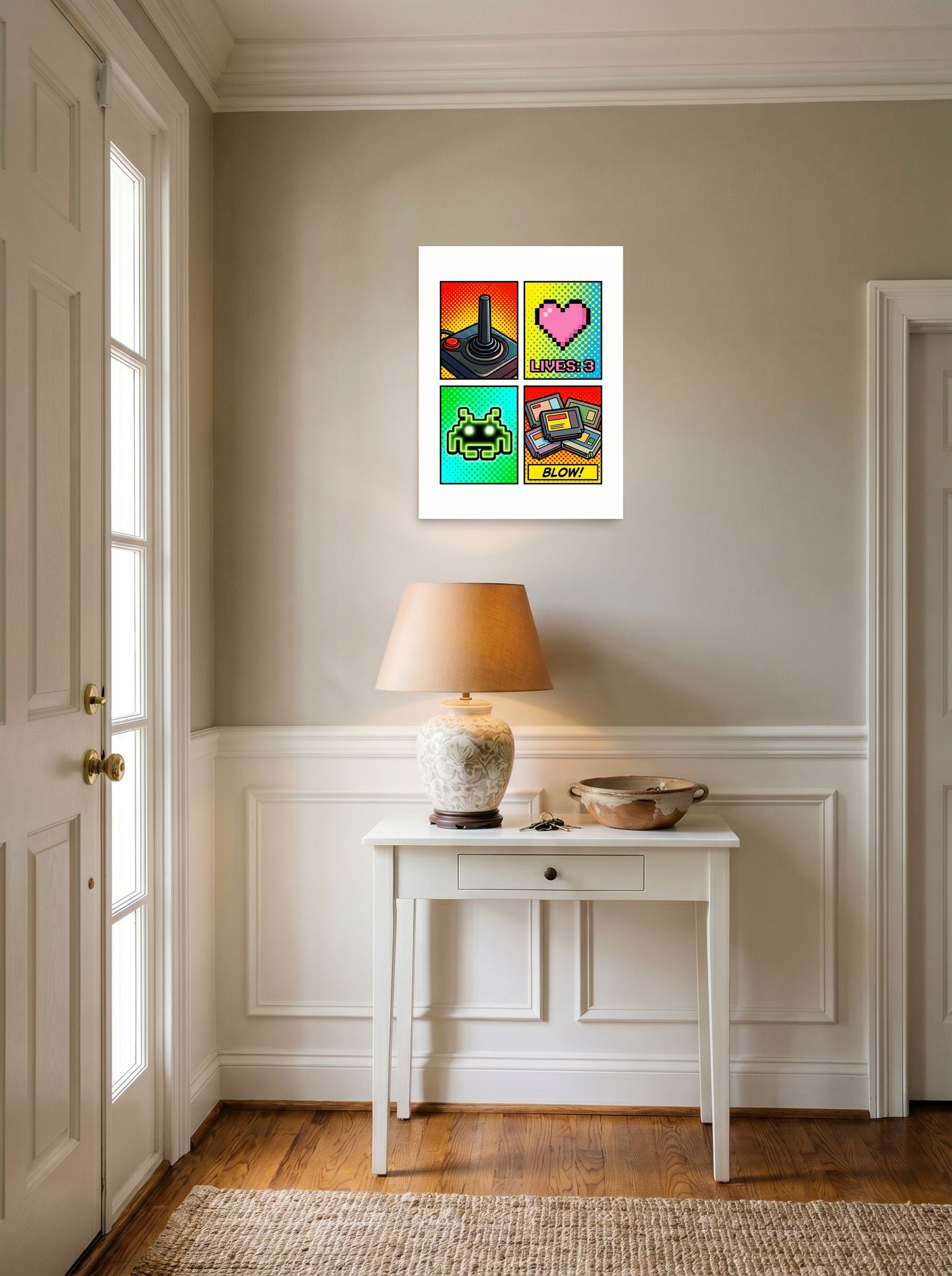 A 18x24 inch unframed paper Pop art print of 'Retro Arcade Memories' hanging in an entryway near a console.