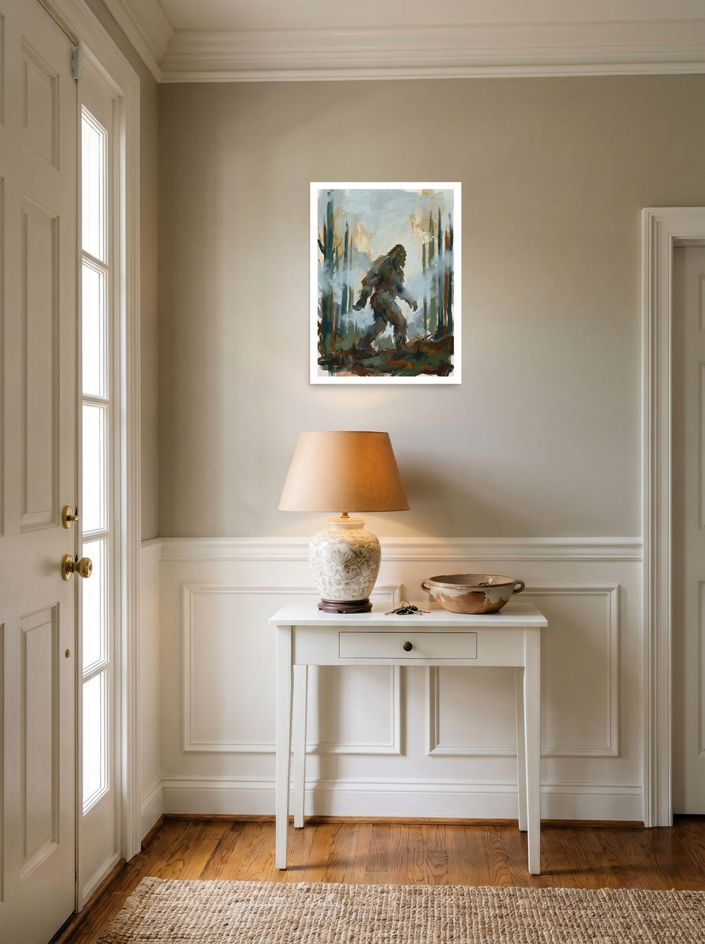 'Shadow of Pines', a Impressionism print set against a bright entryway wall. Shown as unframed paper, 18x24 inch.