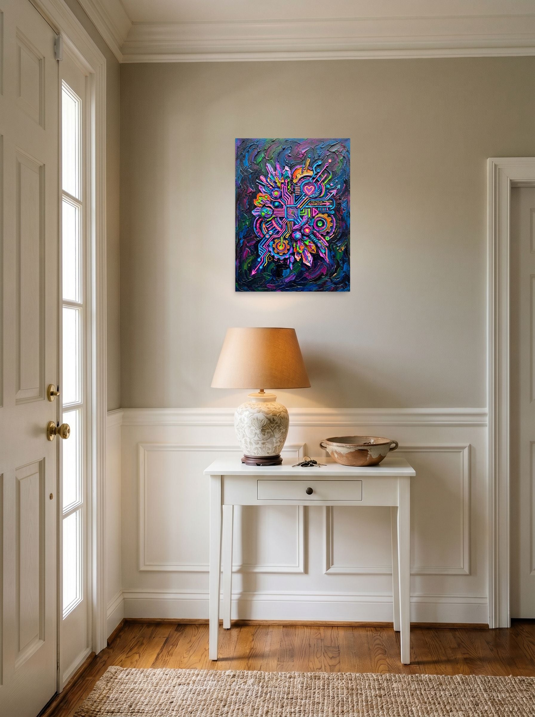 A 18x24 inch unframed paper Modernism print of 'Neon Circuit Heart' hanging in an entryway near a console.