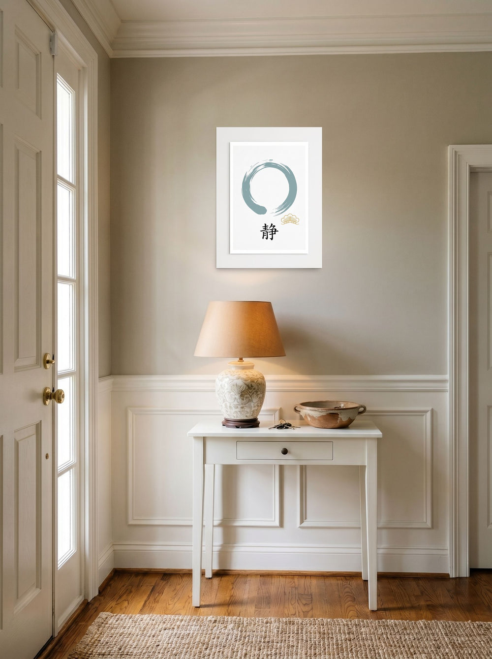 The unframed paper print 'Circle of Stillness' hanging in an entryway near a console, shown at 18x24 inch.