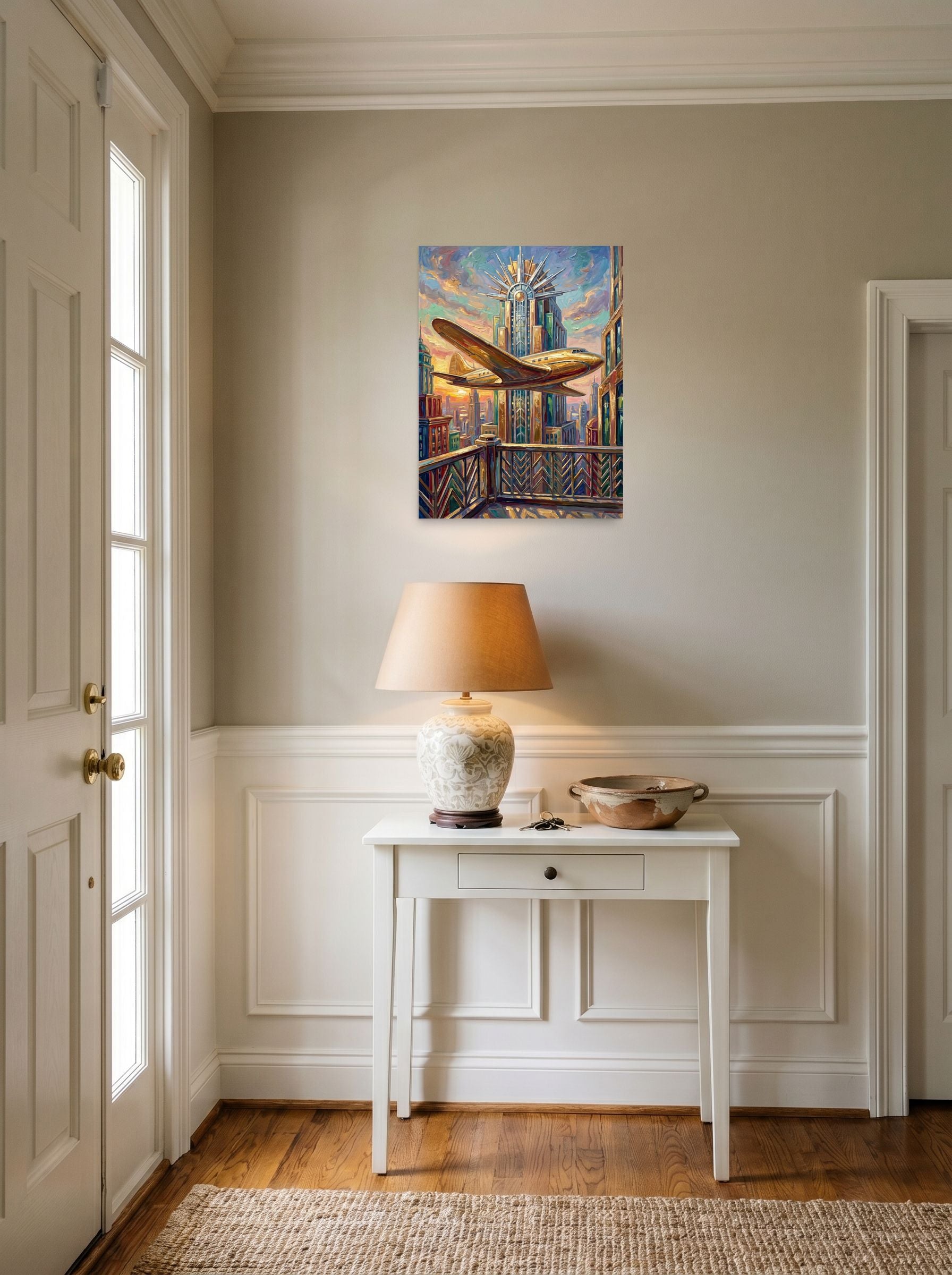A 18x24 inch unframed paper Art Deco print of 'Flight Over the Golden Tower' hanging in an entryway near a console.