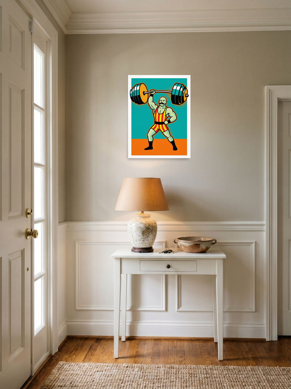 A 18x24 inch unframed paper Pop art print of 'The Mighty Lifter' hanging in an entryway near a console.