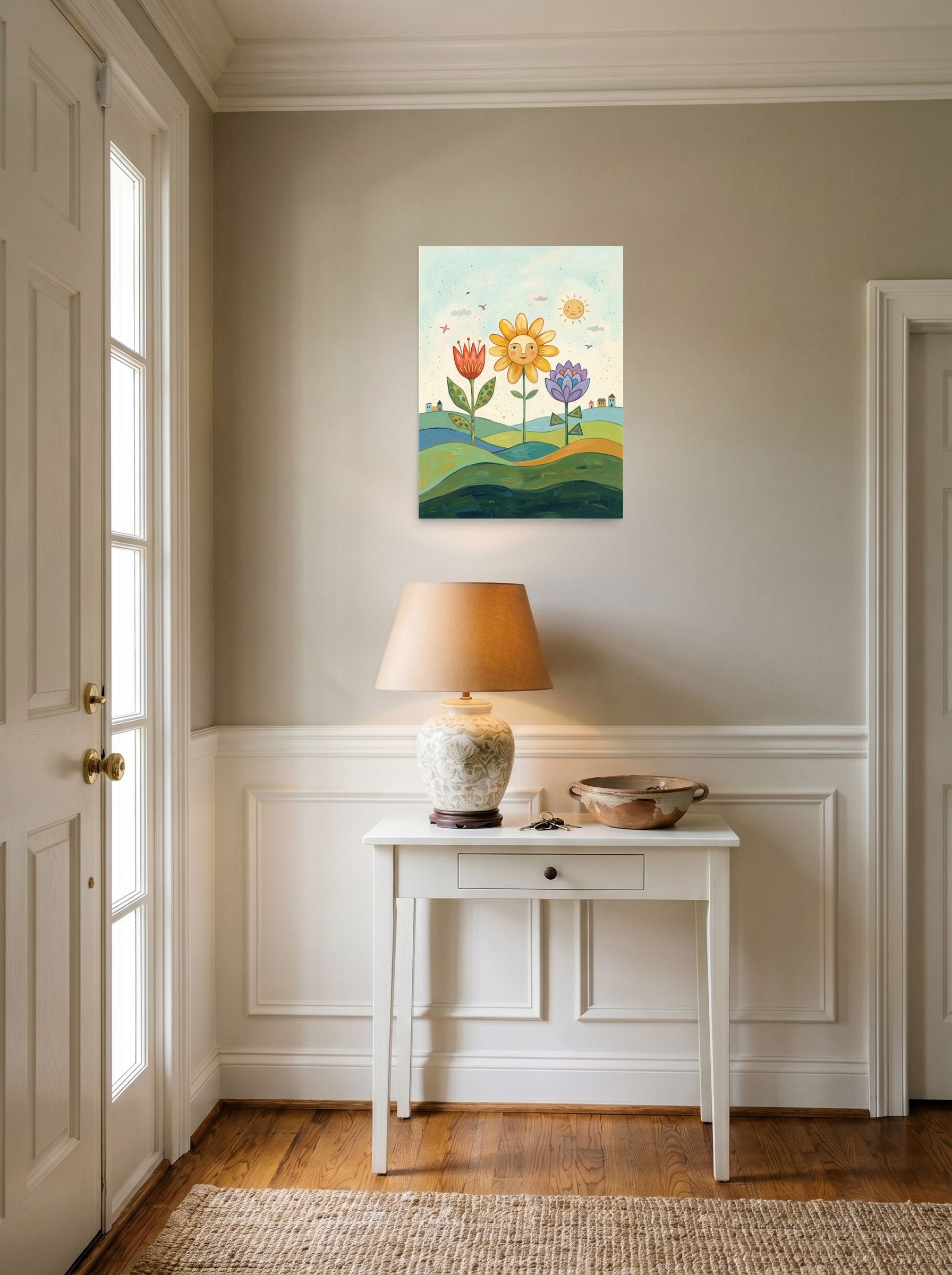 A 18x24 inch unframed paper Naive art print of 'Smiling Flowers In The Sun' hanging in an entryway near a console.