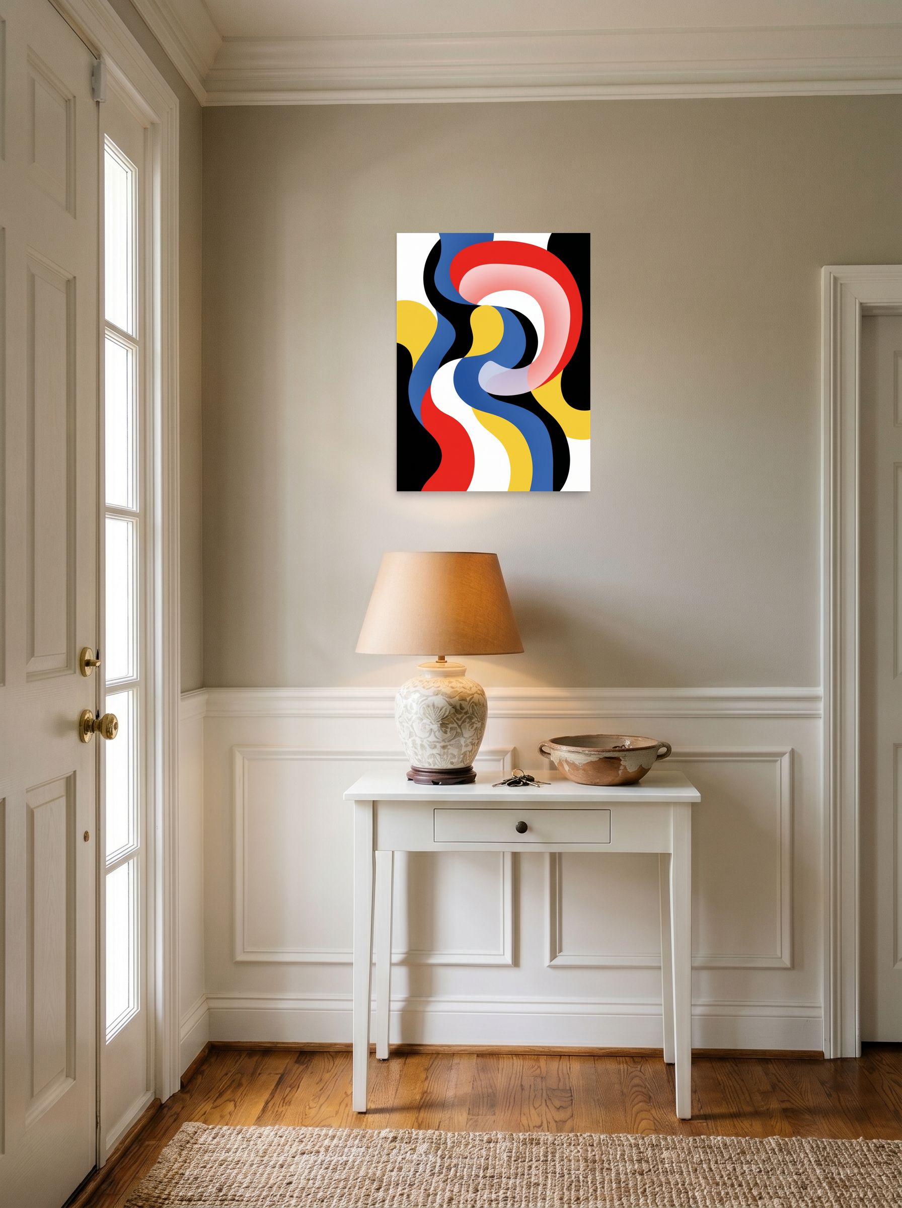 A 18x24 inch unframed paper Op Art print of 'Chromatic Flow' hanging in an entryway near a console.