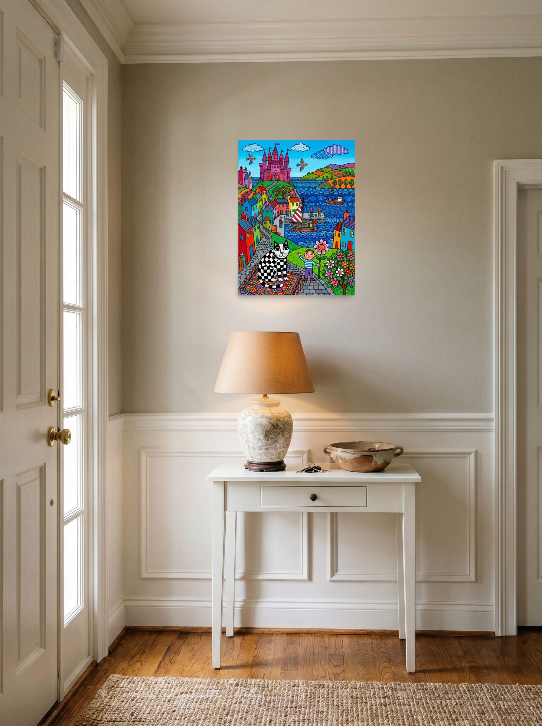 A 18x24 inch unframed paper Naive art print of 'Checkered Cat's Castle Dream' hanging in an entryway near a console.