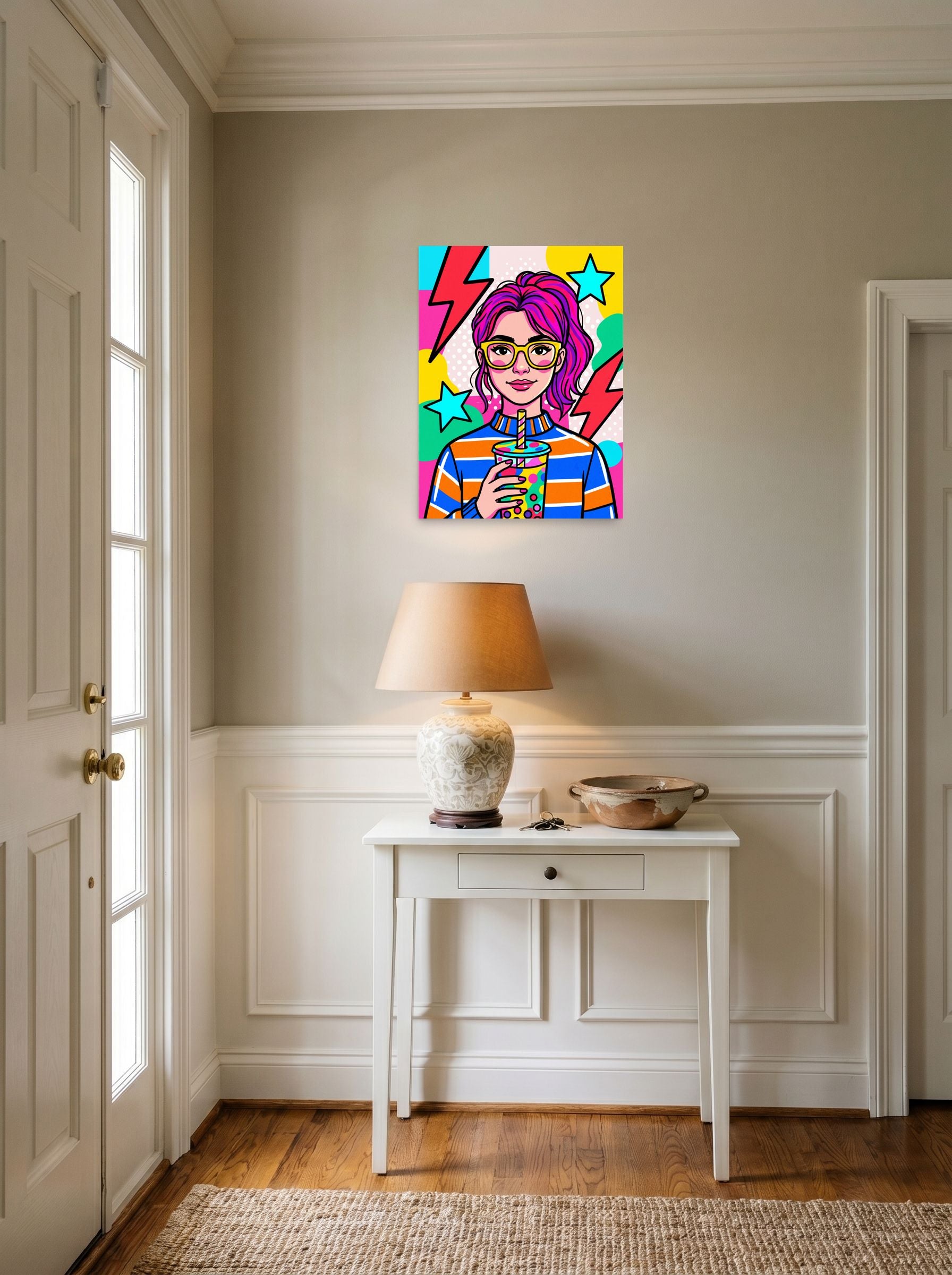 A 18x24 inch unframed paper Pop art print of 'Boba Pop' hanging in an entryway near a console.