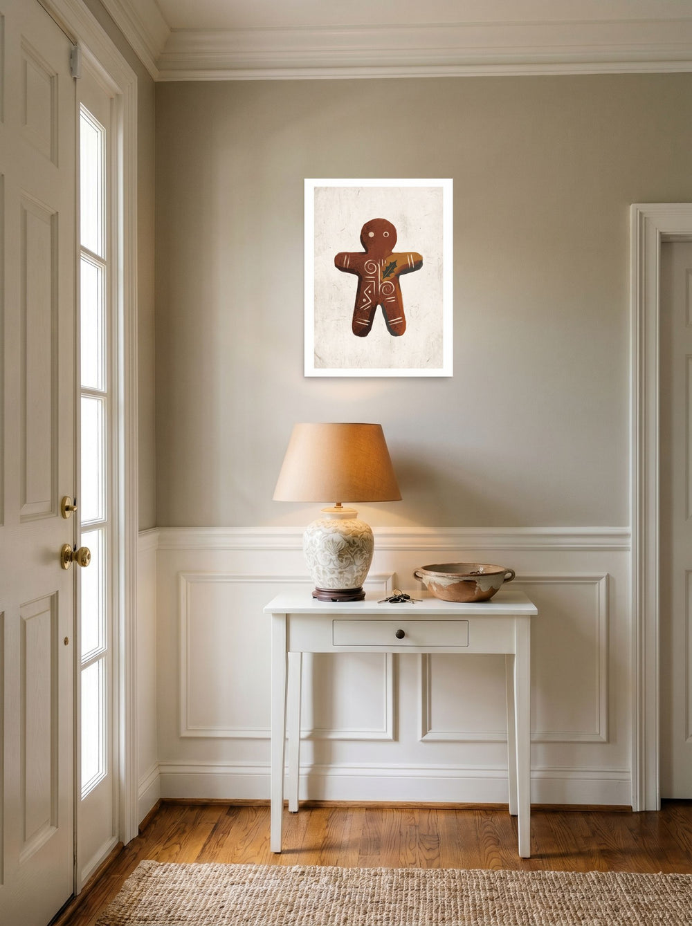 'Gingerbread Rune', a Folk art print set against a bright entryway wall. Shown as unframed paper, 18x24 inch.