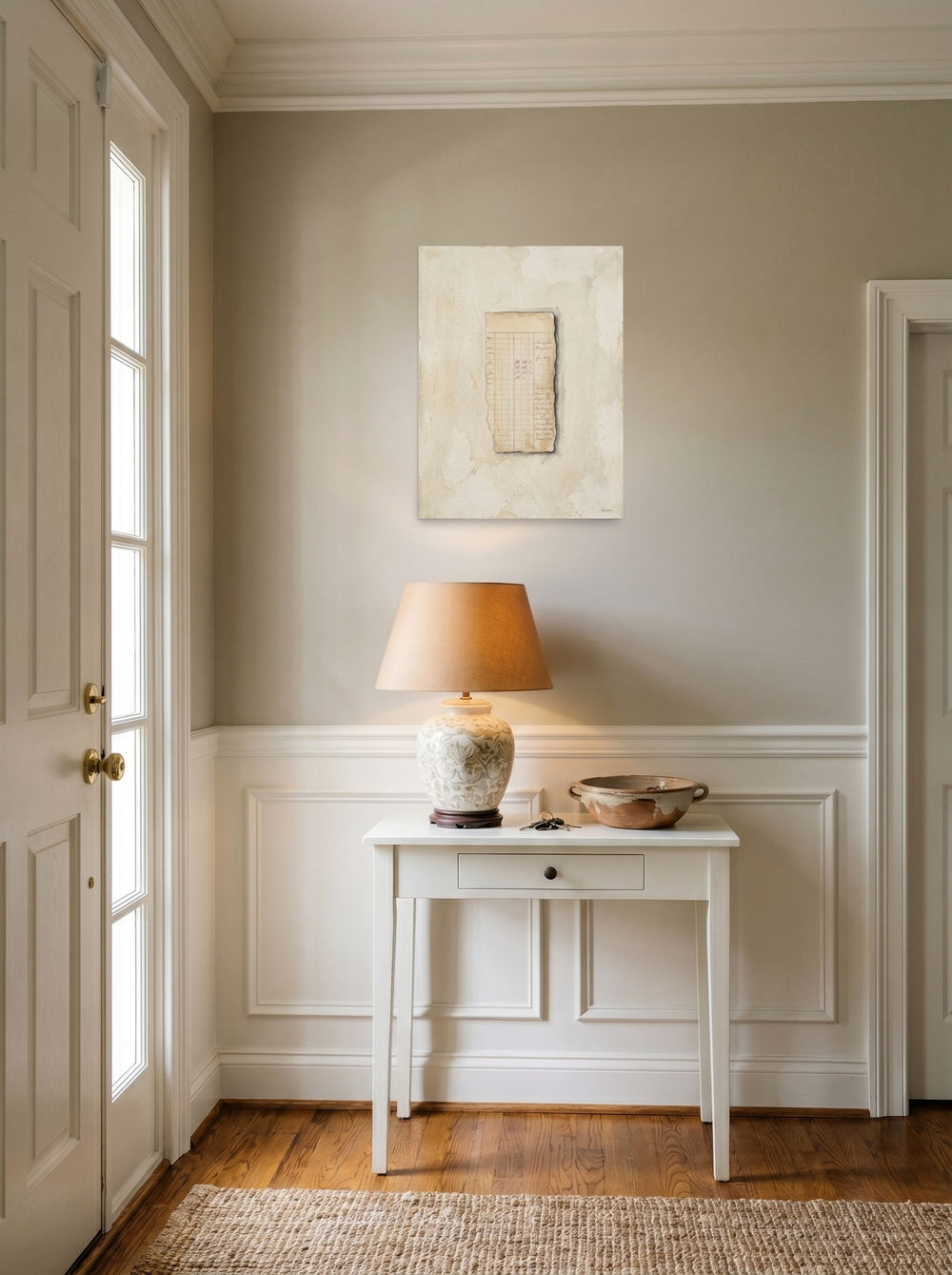 The Conceptual art print 'Silent Ledger', 18x24 inch unframed paper, styled above a console table in an entryway.