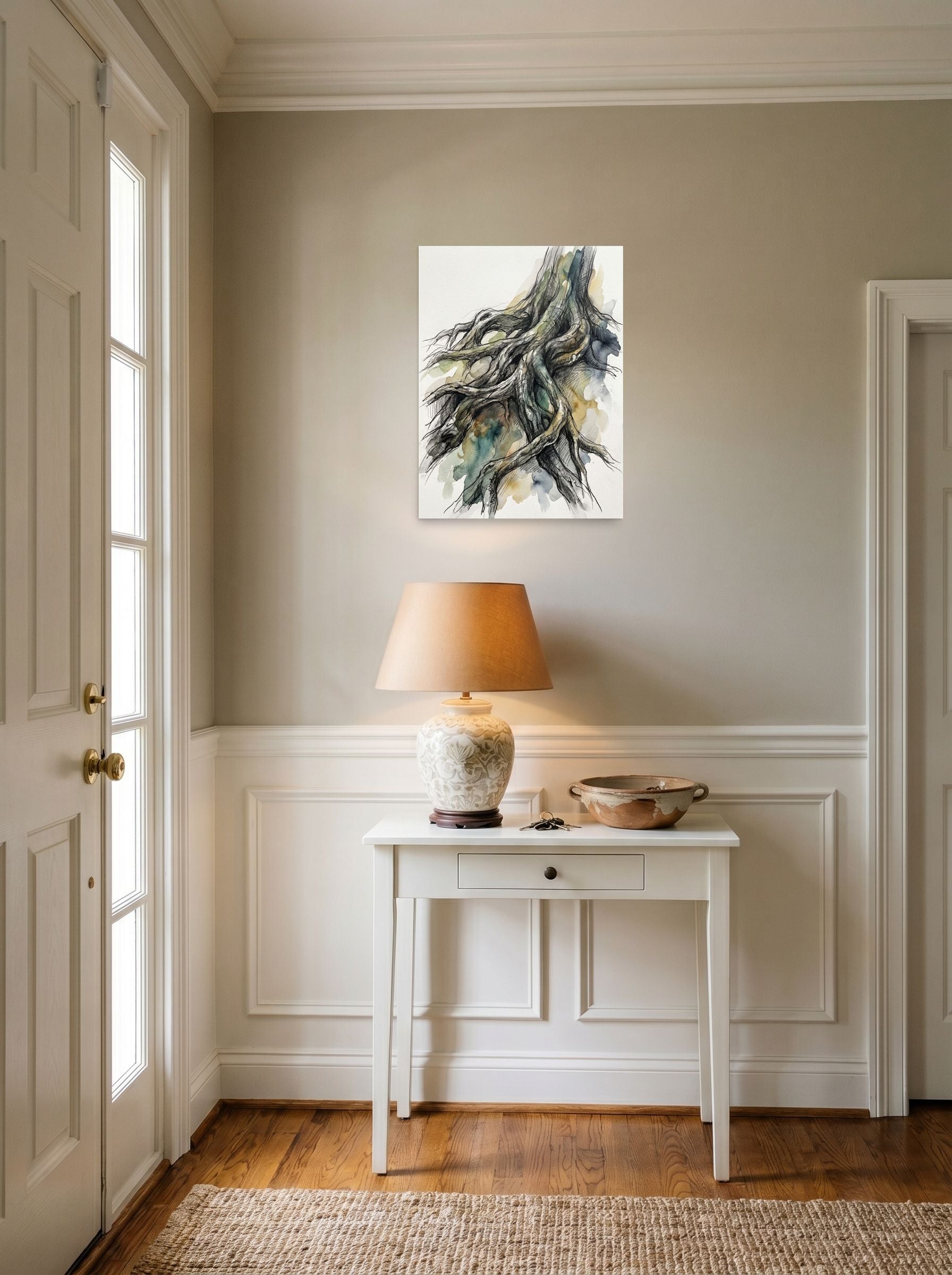 A 18x24 inch unframed paper Expressionism,Realism print of 'Twisted Roots' hanging in an entryway near a console.