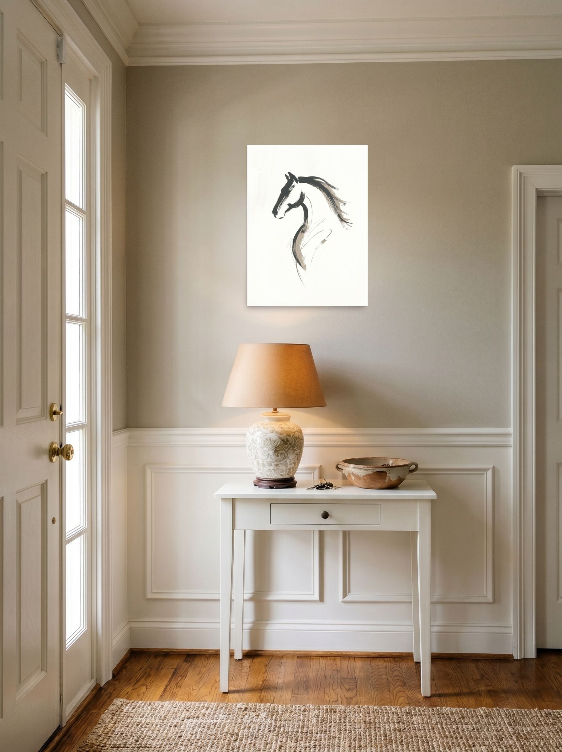 A 18x24 inch unframed paper Minimalism print of 'Equine Spirit' hanging in an entryway near a console.